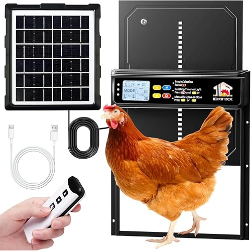 Automatic Chicken Coop Door Solar Powered with Timer, Light Sensor, Remote Control, LCD Display, Aluminum Alloy 4 Auto Modes Wide Size Chicken House Door, Anti-Pinch, Weatherproof, USB Backup, Black