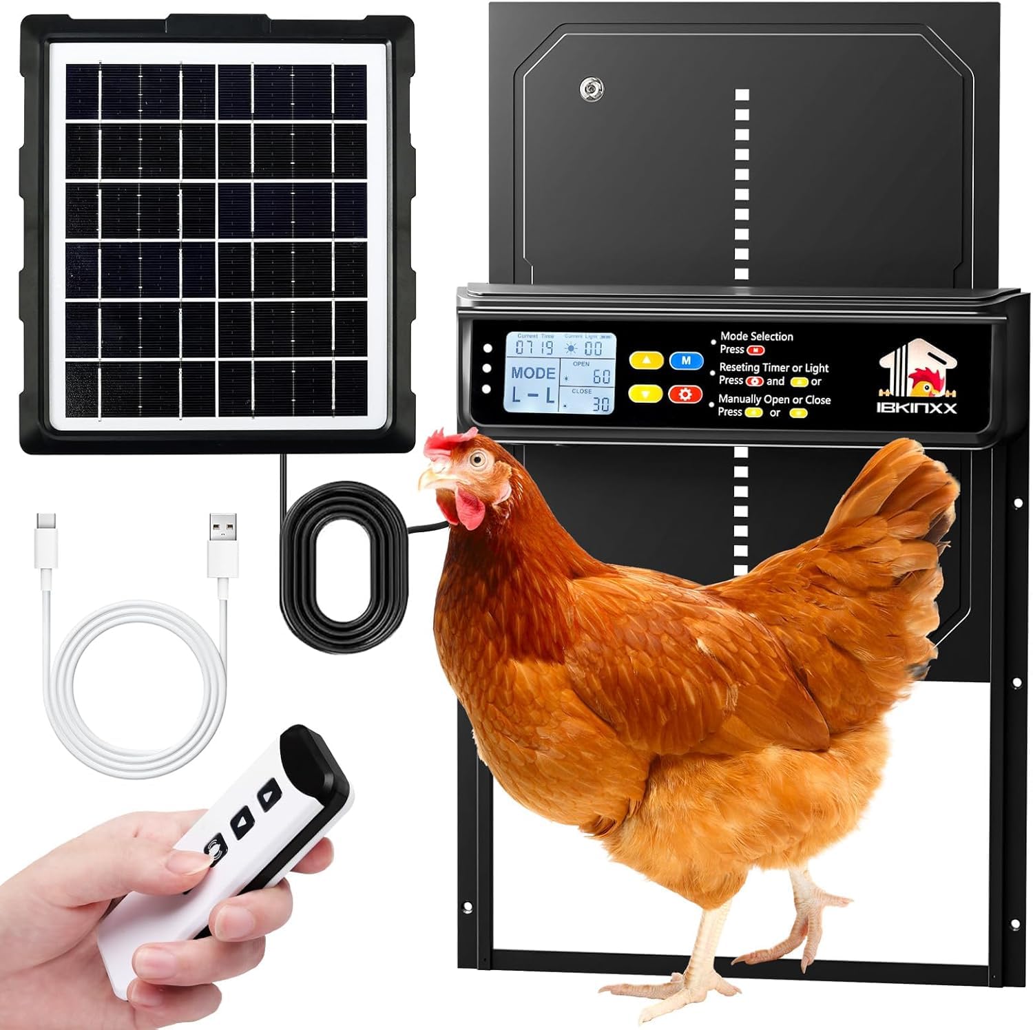 Automatic Chicken Coop Door Solar Powered with Timer, Light Sensor, Remote Control, LCD Display, Aluminum Alloy 4 Auto Modes Wide Size Chicken House Door, Anti-Pinch, Weatherproof, USB Backup, Black