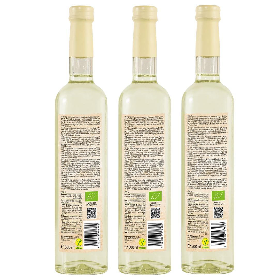 Höllinger Sciroppo Biologico Melissa e Limone, 3x500ml, Concentrato 1:9