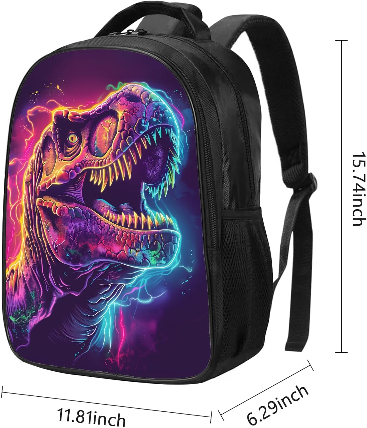 SARA NELL Boys Backpack Cool Neon Dinosaur Backpack for Boys, T-rex Dino with Lightning Backpack, Hot Pink Dinosaur Large Mouth School Backpack for Kids, 16 Inch Boy Backpack with 2 Compartments