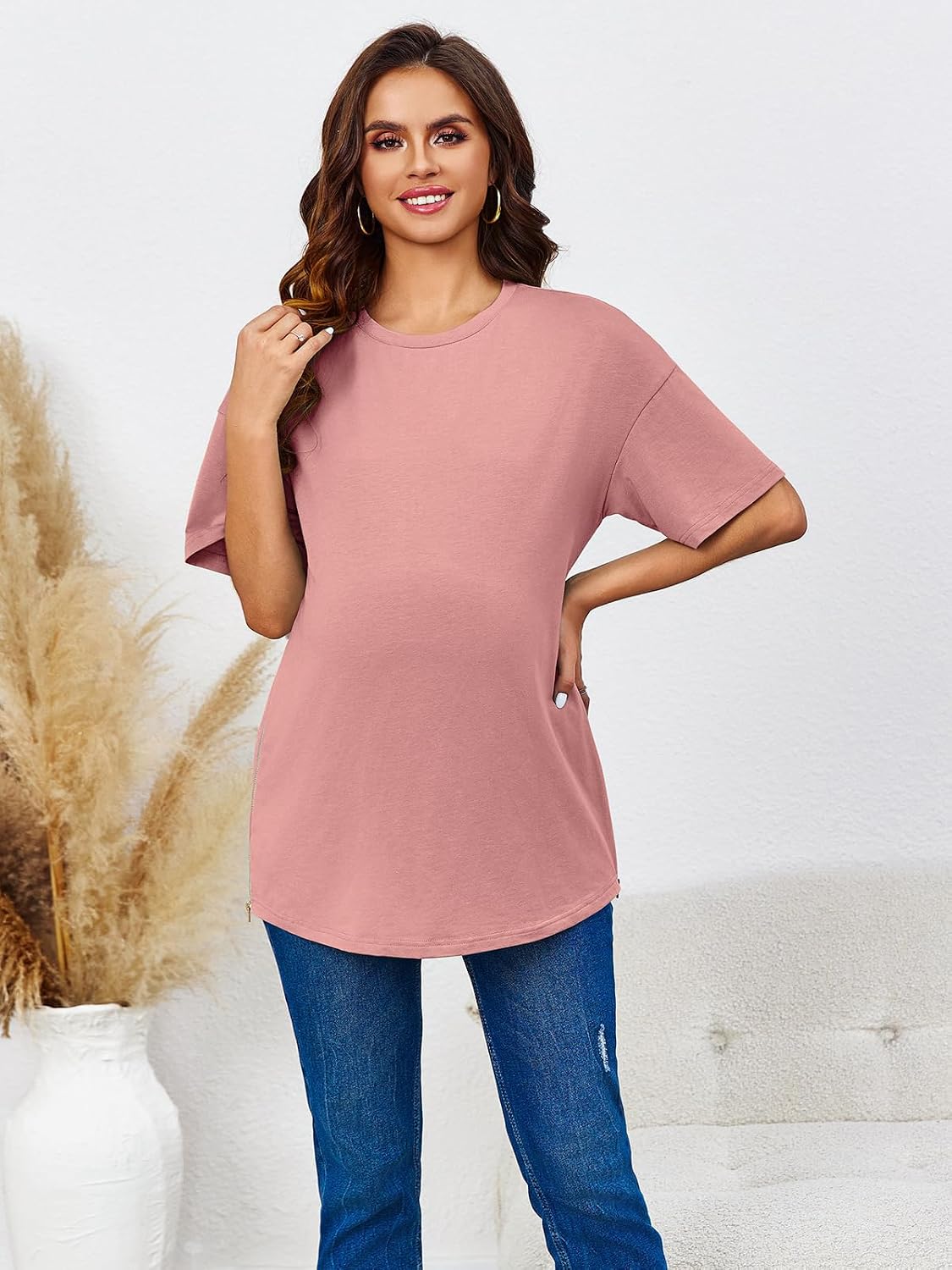Women's Maternity Shirts Short Sleeve Sweatshirt Zipper Split Side Pregnancy Casual Tunic Top