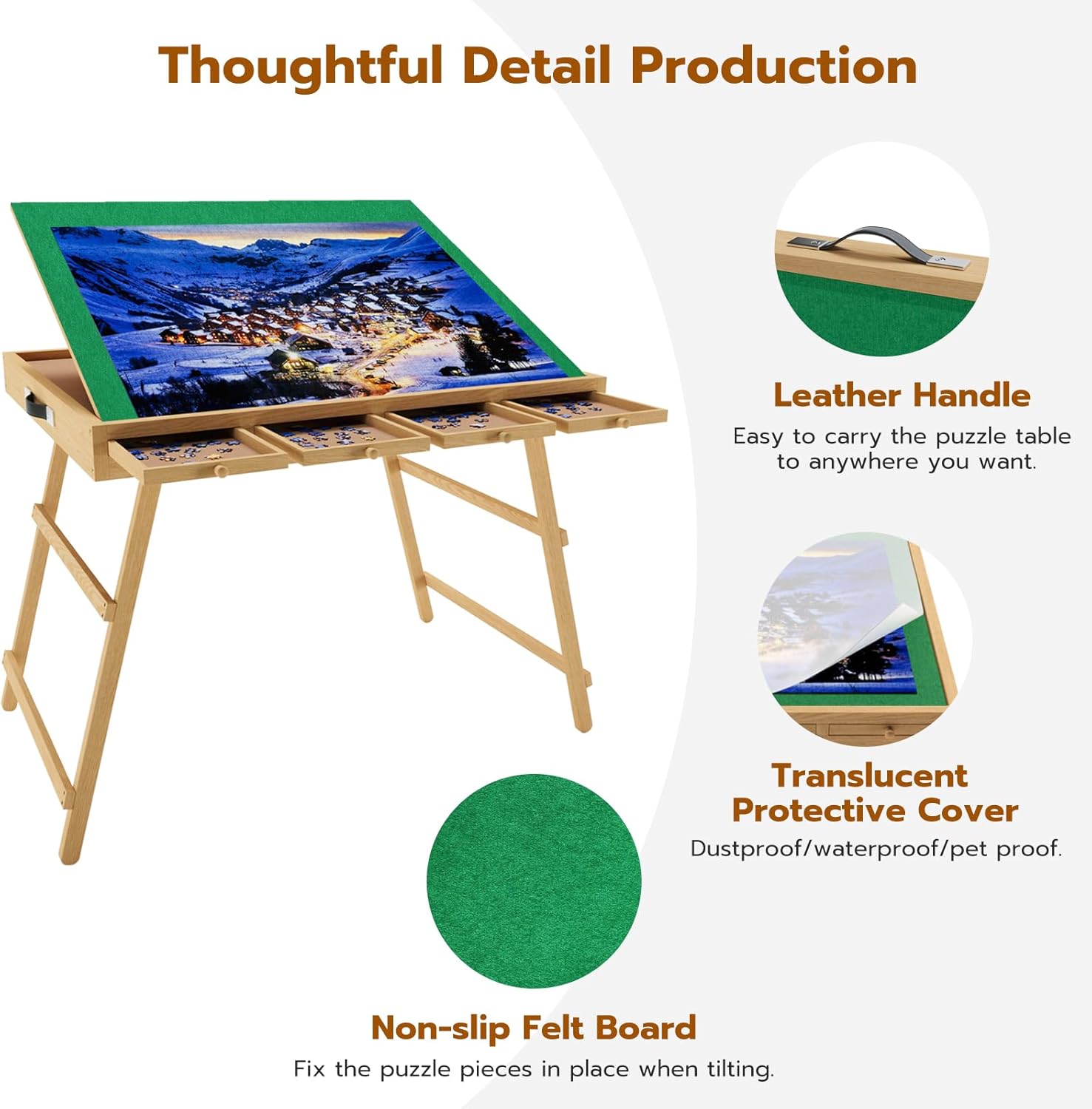 3-in-1 Folding & Tilting & High Puzzle Board with 4 Drawers, 1500 Pieces 27.7" H Tall Puzzle Table with Protective Cover for Adults- 34" x 26" Wooden Puzzle Table with Legs