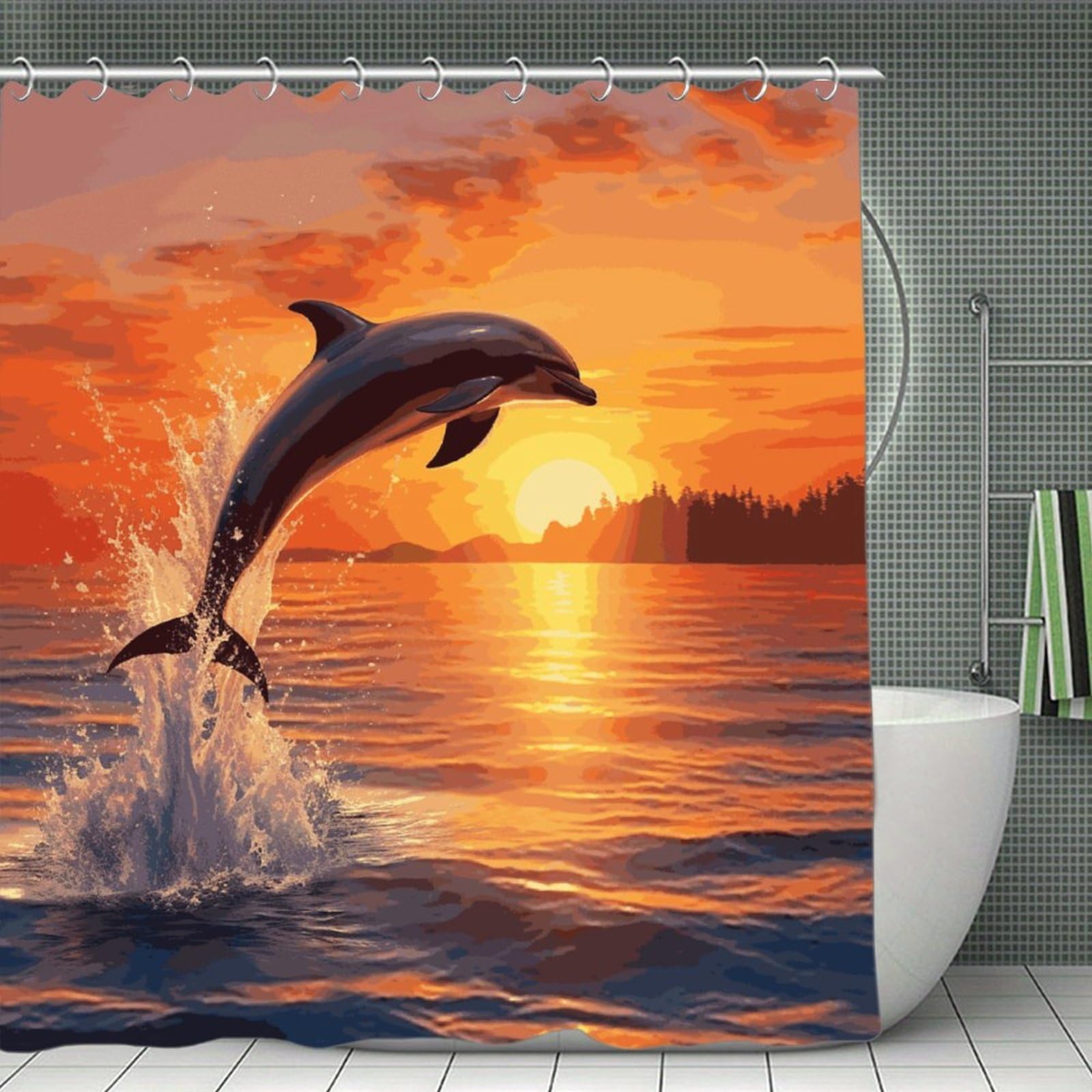 FekiLoot Sunset Dolphin Shower Curtain Minimalist Thick Bathroom Curtain Washable Modern Bathroom Shower Curtain Heavy Duty Waterproof Cloth Bath Curtain with Hooks 70.8"x70.8"