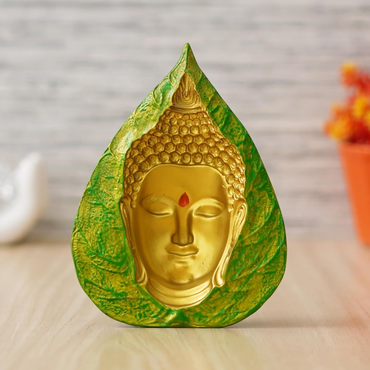 eCraftIndia Golden Green Resin Leaf Lord Buddha Statue | Buddha Showpiece for Home Decor Living Room Car Dashboard Office | Gautam Buddha Idol Gift for Diwali Buddha Purnima Housewarming Birthday