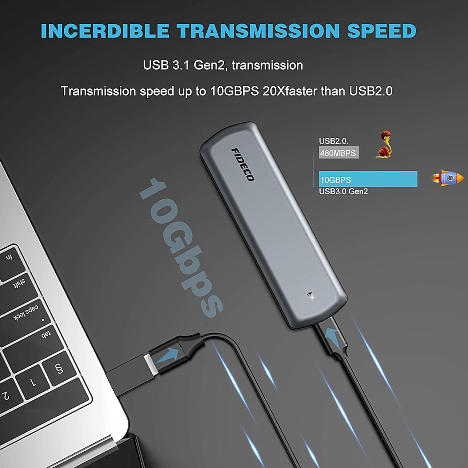 FIDECO SSD Enclosure connected to a laptop, illustrating 10Gbps transmission speed