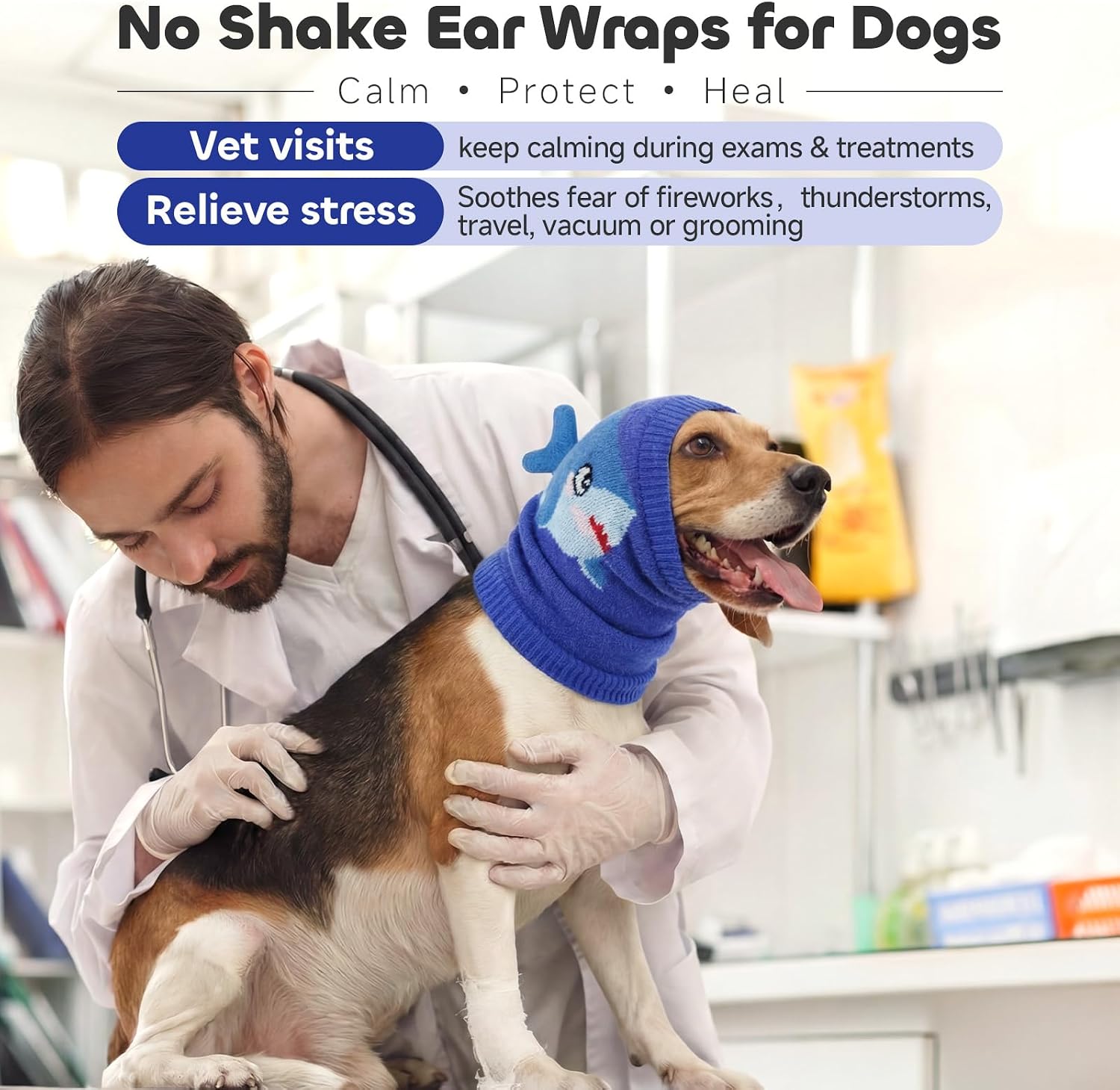 Nanaki Soft Dog Ear Muffs Noise Protection for Thunder Fireworks Dog Ear Cover for Grooming Bath,Comfort Calming No Shake Ear Wraps for Dogs Hematoma,Snoods for Eating Drinking with Cute Shark