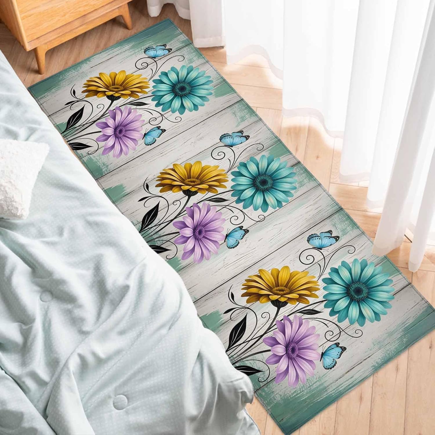 Teamery Kitchen Mats for Floor Farm Flower Daisy Retro Wood Barn Washable Non Slip Kitchen Rugs 1PCS, Blossom Flower Butterfly Absorbent Standing Mats for Sink Bathroom Office Living Room 23.6x70.9in