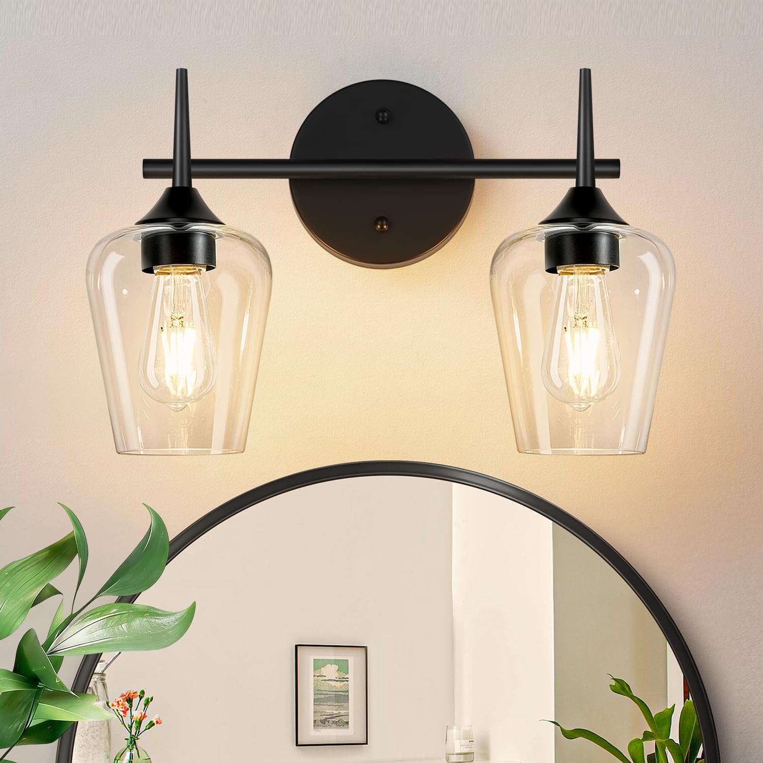 MOKATNG 2-Light Bathroom Light Fixtures, Black Vanity Lights for Bathroom with Clear Glass, Bathroom Lighting Fixtures Over Mirror, Modern Wall lamp for Cabinet Hallway