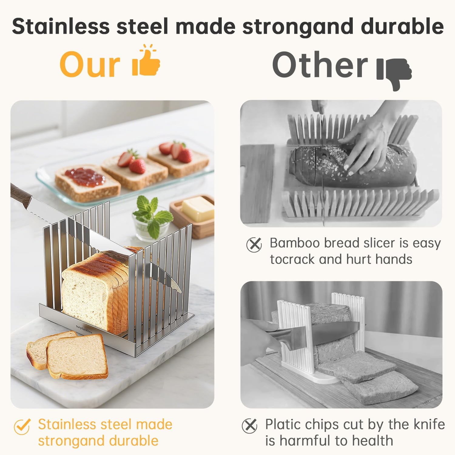 Bread Slicer, 304 Stainless Steel Adjustable Slice Guide, Collapsible Space-Saving, Durable and Stable for Homemade Bread, Bagels and Cakes (Silver)