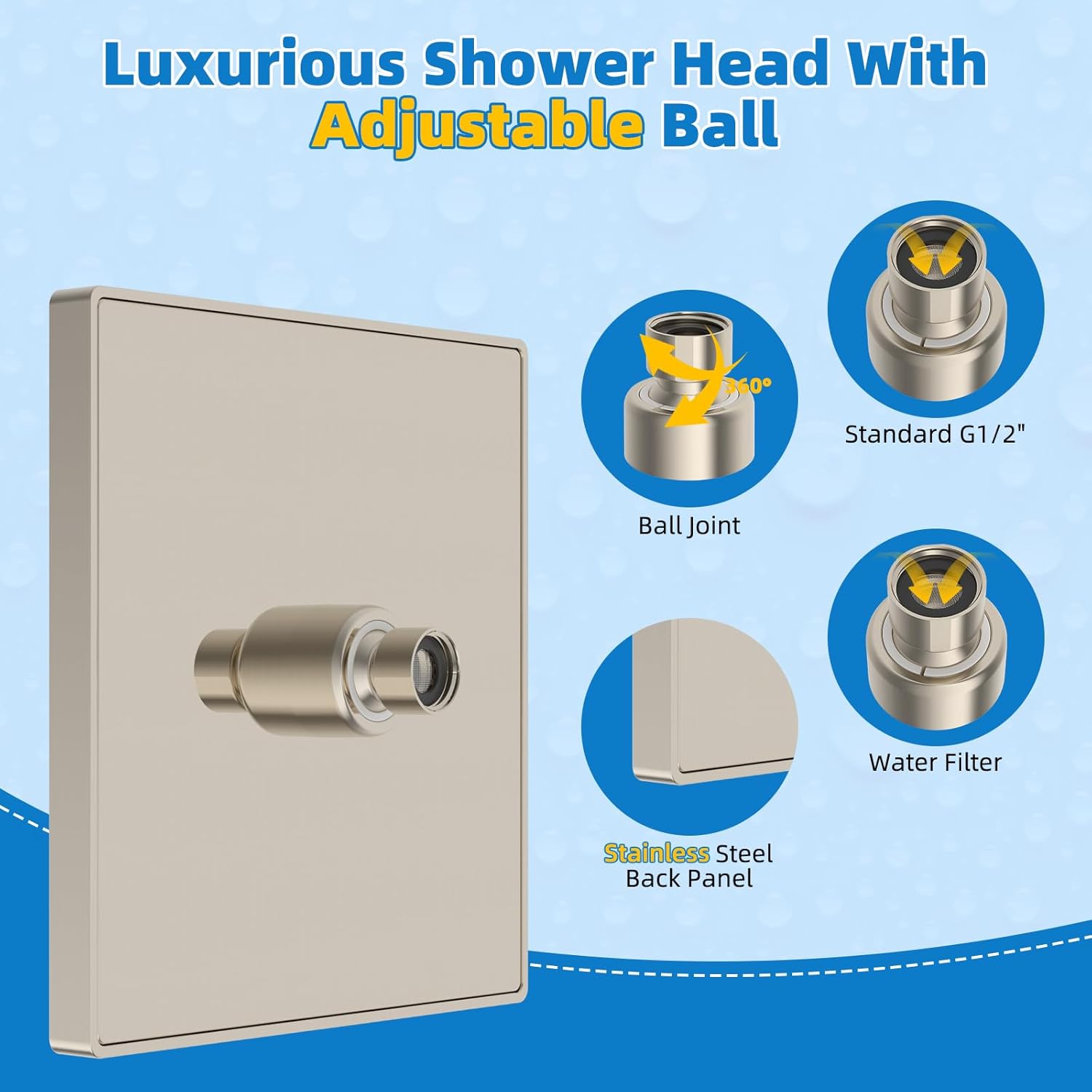 Hibbent cUCPC Certified Metal Shower Head, 8'' High Pressure Rainfall Shower Head, Bathroom Waterfall Shower Heads, High Flow Fixed Showerheads with Adjustable Brass Ball Joint, Brushed Nickel - Image 2