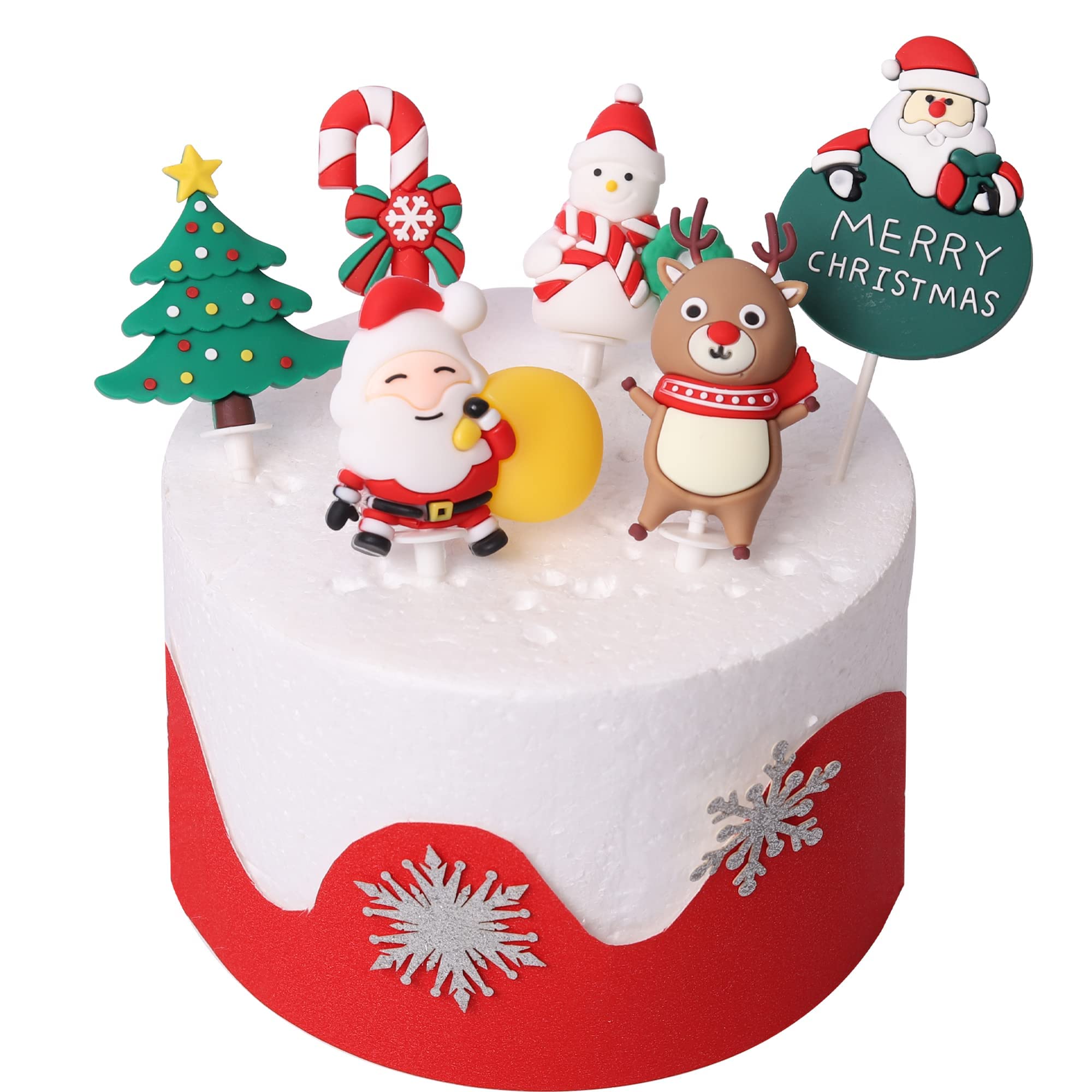 SYKYCTCY 6 Pack Santa Claus Merry Christmas Cake Toppers Resin Little Figurine Cane Snowman Deer Christmas Tree Cake Topper Picks for Merry Christmas Theme Holiday Party Cake Decorations Supplies