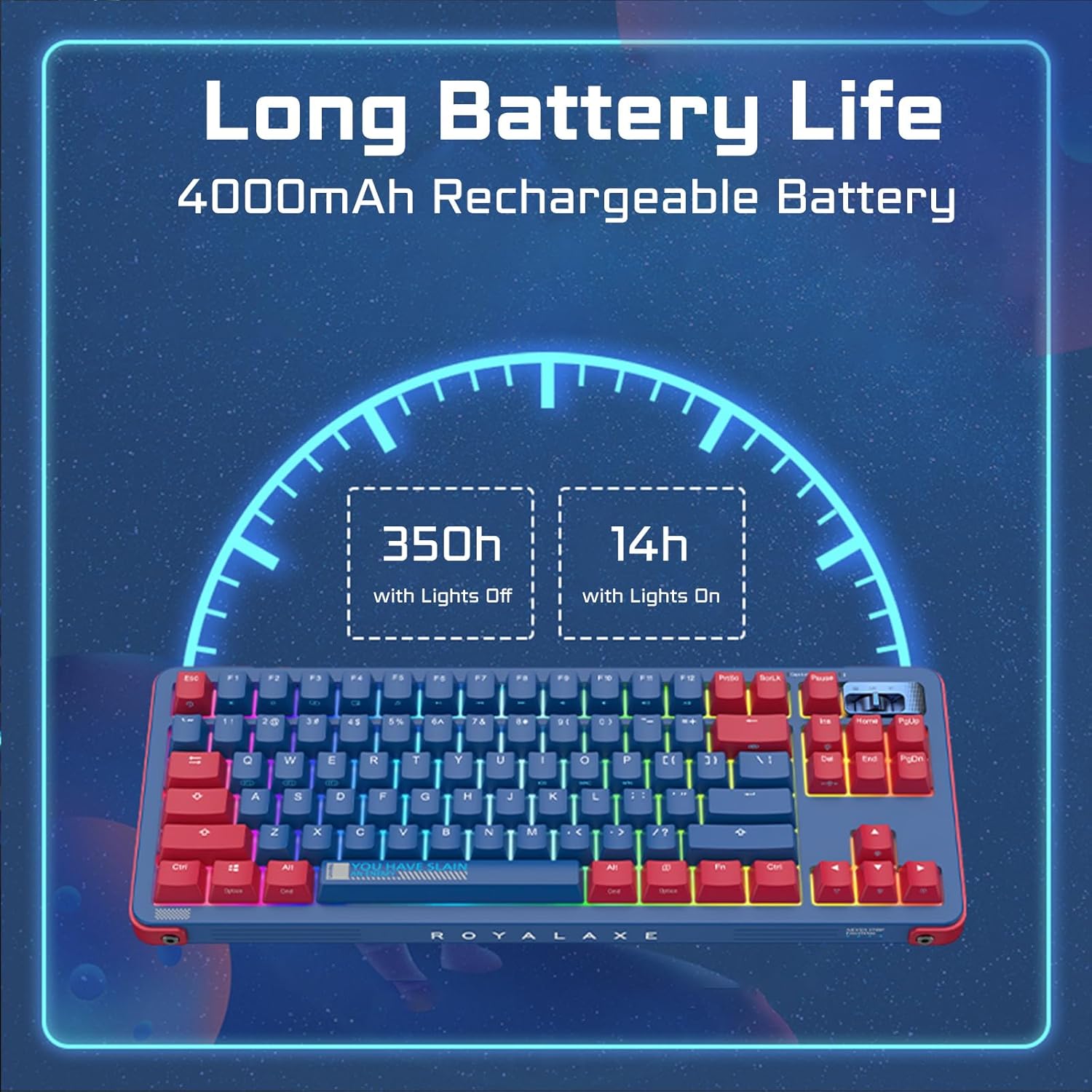 ROYALAXE Y87 keyboard with an illustration of battery life: 350 hours with lights off and 14 hours with lights on.