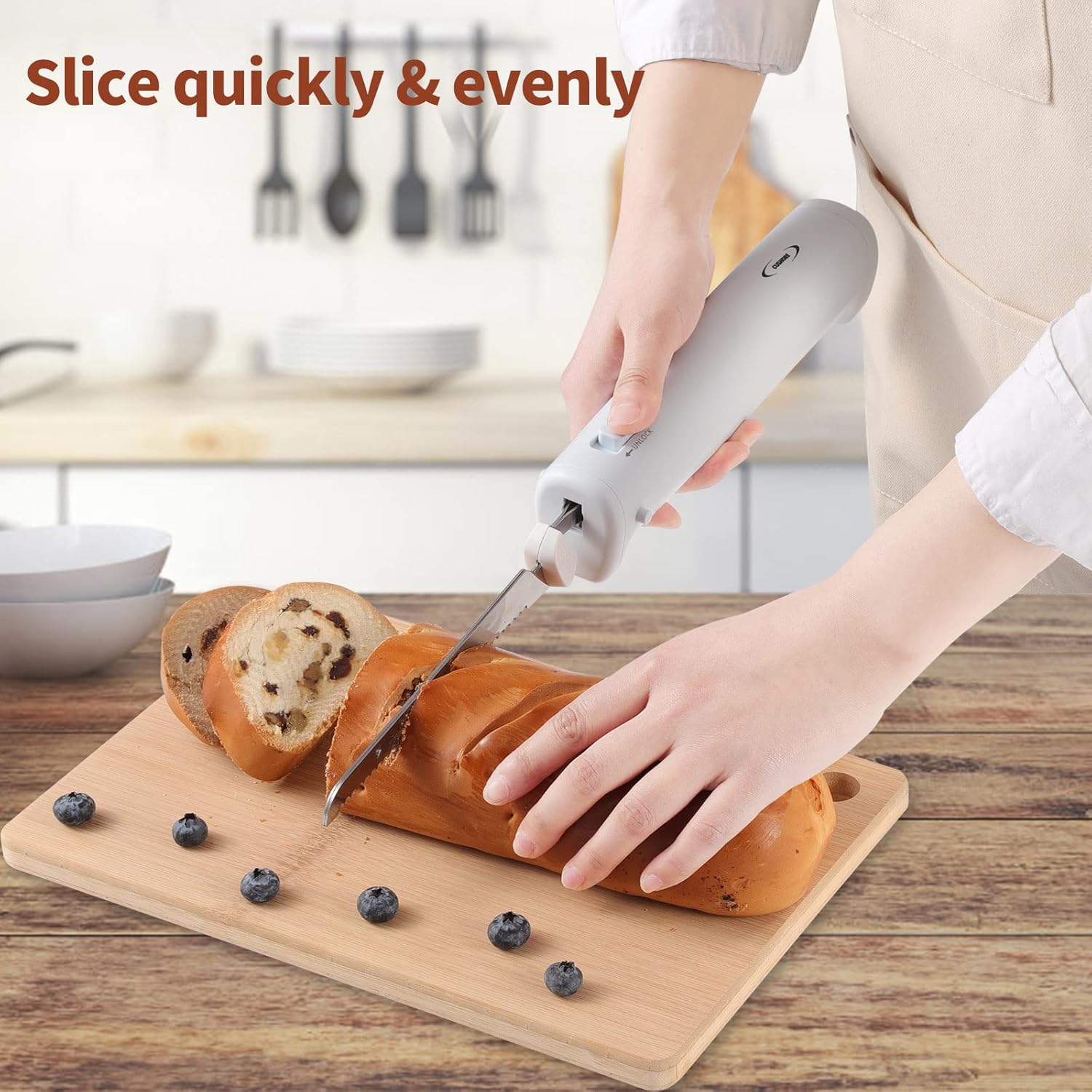 Professional Cordless Rechargeable Easy-Slice Electric Knife with 4 Reciprocating Serrated Stainless Steel Blades, Carving Meats, Poultry, Bread, Serving Fork Included, White
