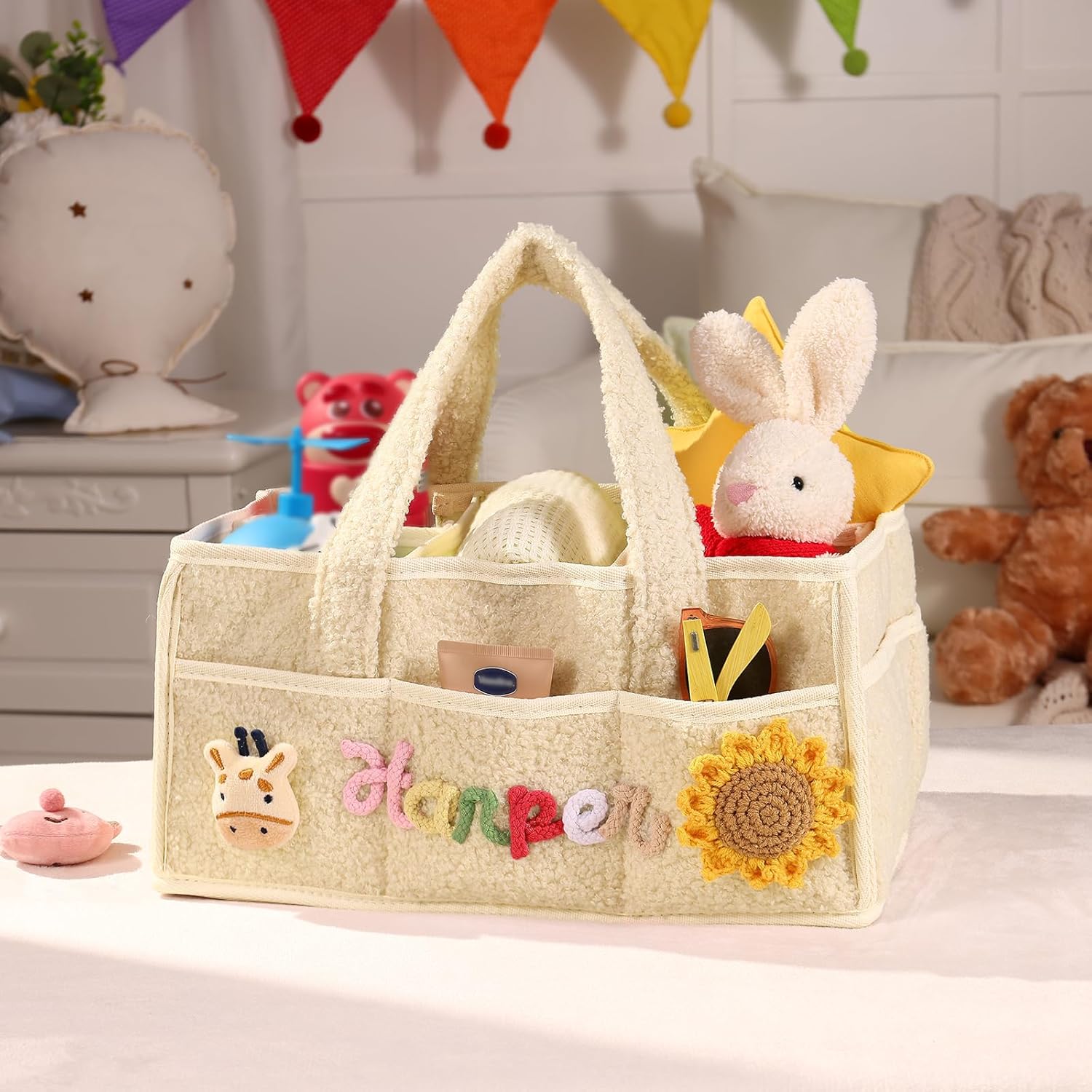 Personalized Baby Diaper Caddy Organizer – Custom Name Storage Basket with Handles – Large Portable Nursery Storage Bag for Newborn Essentials, Gift for Baby Girl Boy