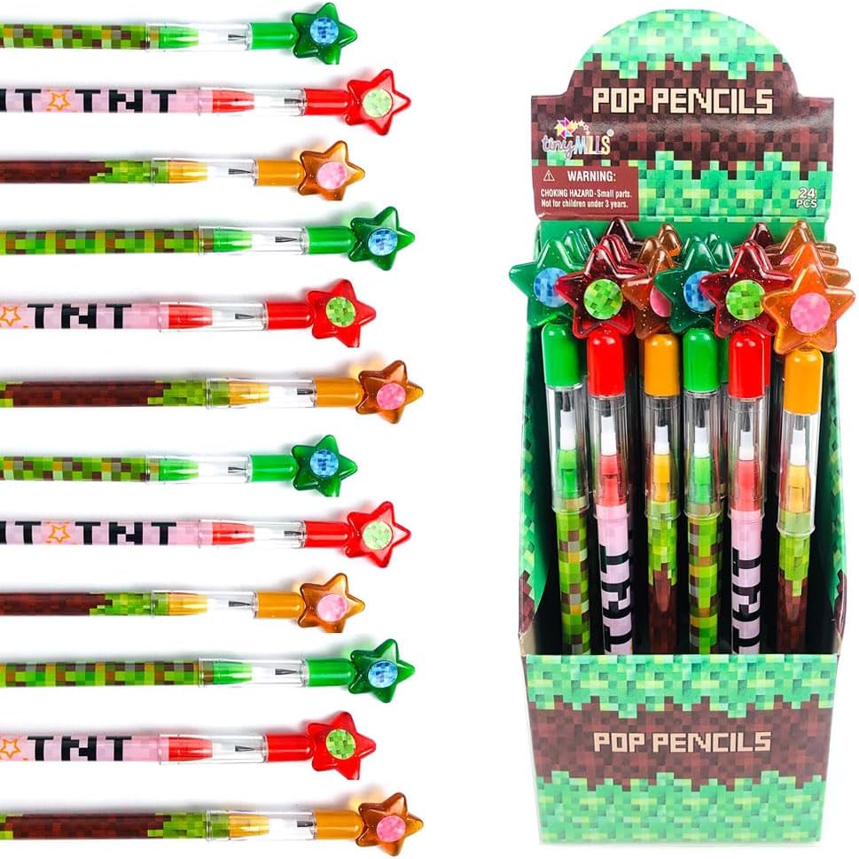 24 Pcs Pixel Miner Themed Multi Point Pencils