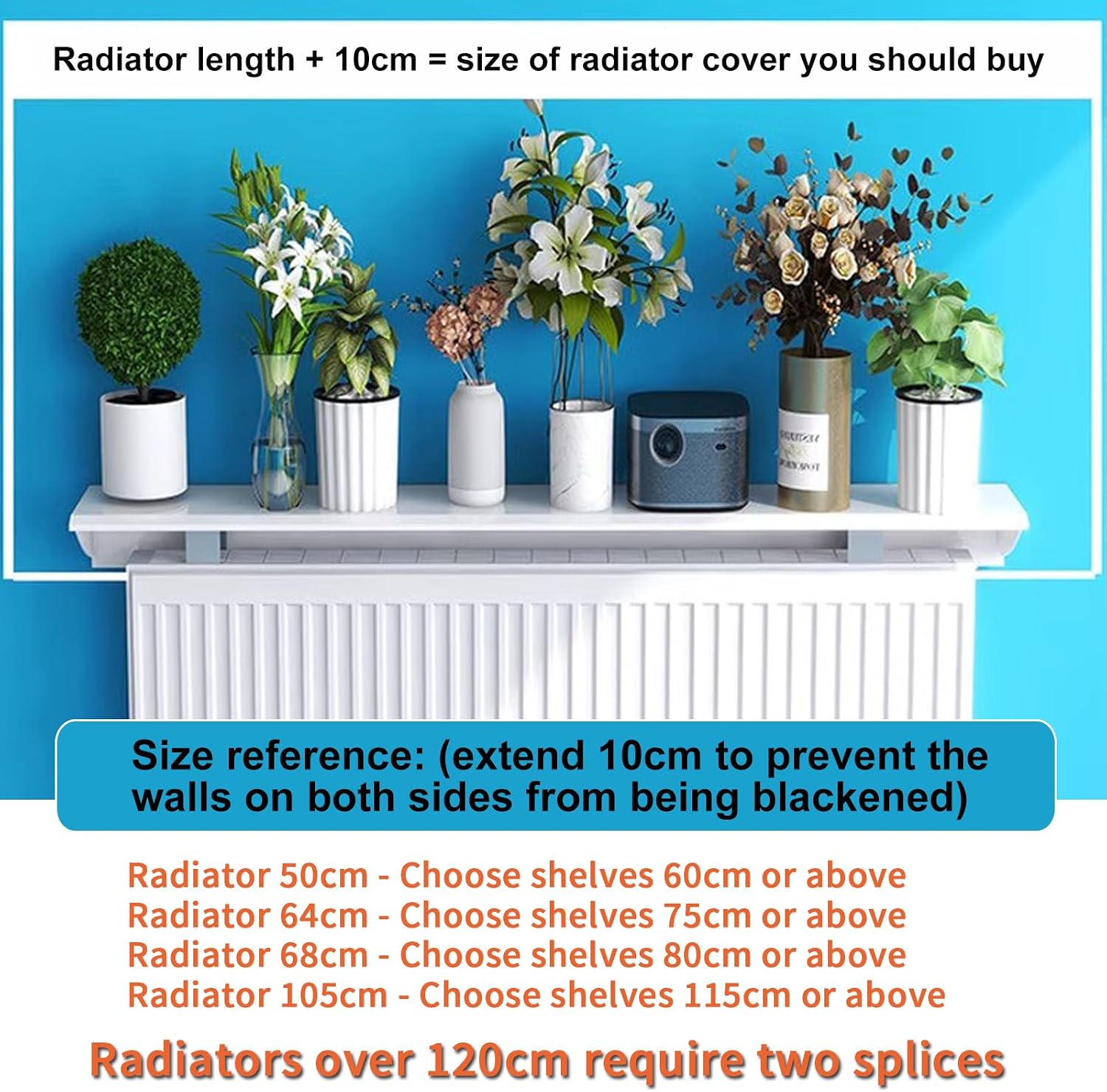 Slim Aluminum Floating Radiator Shelf - No Drilling Wall-Mounted Heater Cover, 14.5cm x 130cm, 20kg Capacity, Stylish Home Decor & Storage Solution with 8cm Bracket,130cm
