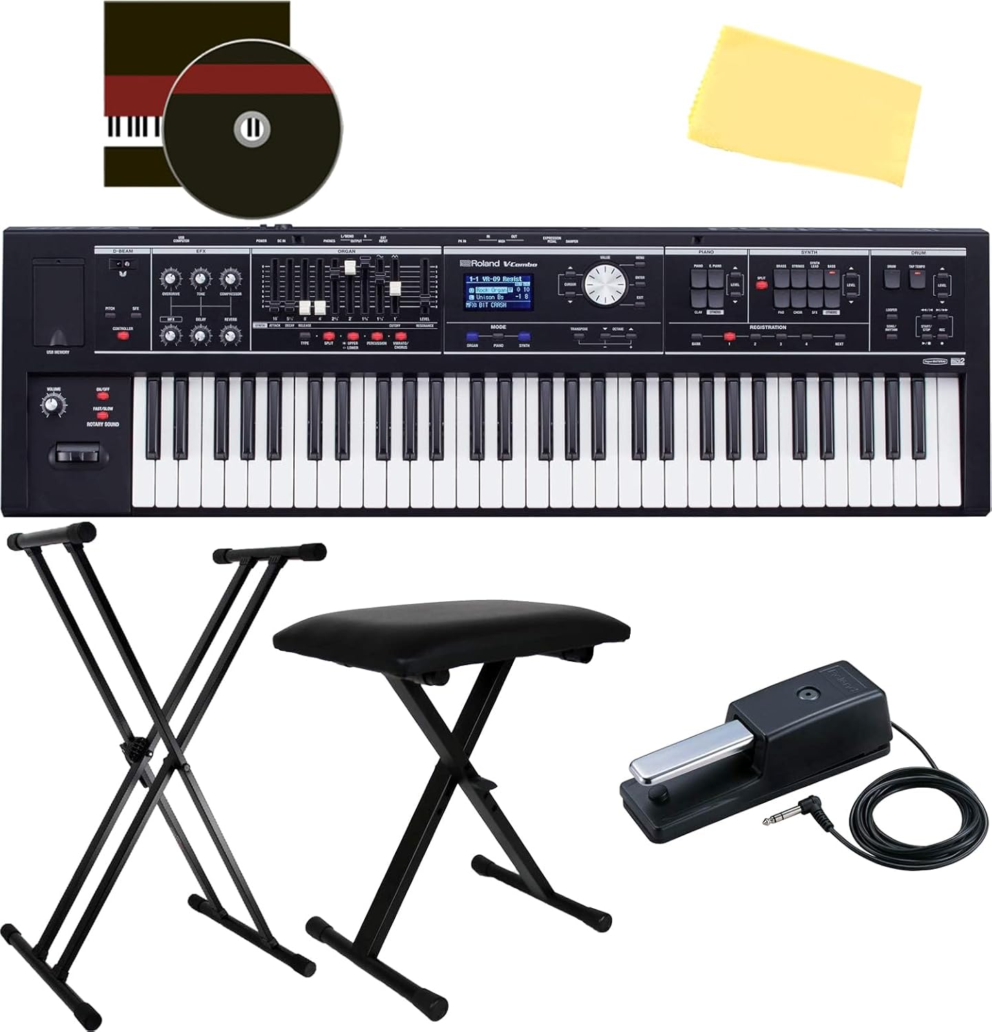 Roland VR-09-B V-Combo 61-Note Keyboard Bundle with Adjustable Stand, Bench, Sustain Pedal, Instructional DVD, and Austin Bazaar Polishing Cloth