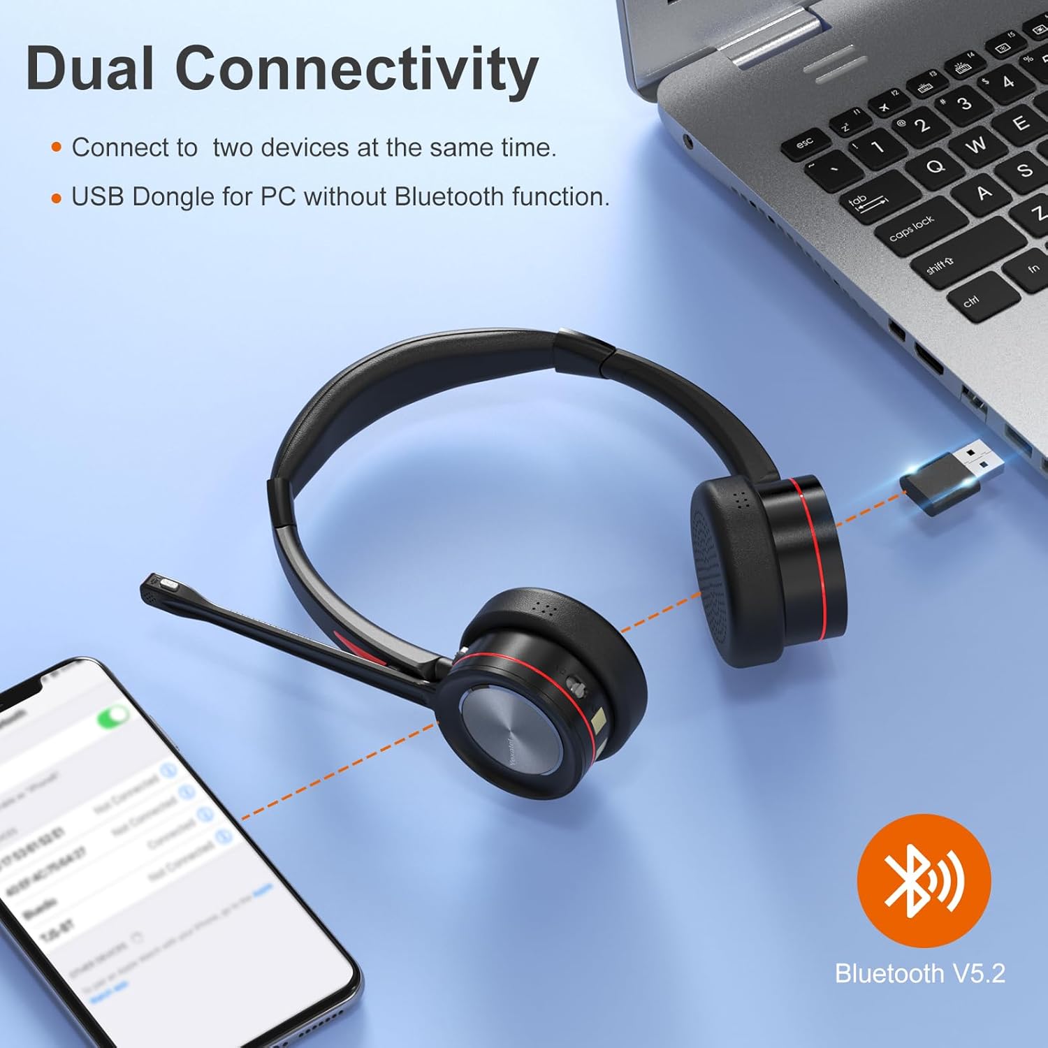 Wireless Bluetooth Headset with Mic for PC & Work - Office Headset Noise Cancelling, 40H Talk Time, USB Dongle, Compatible with Teams/Zoom/3CX-Y890BTD Black
