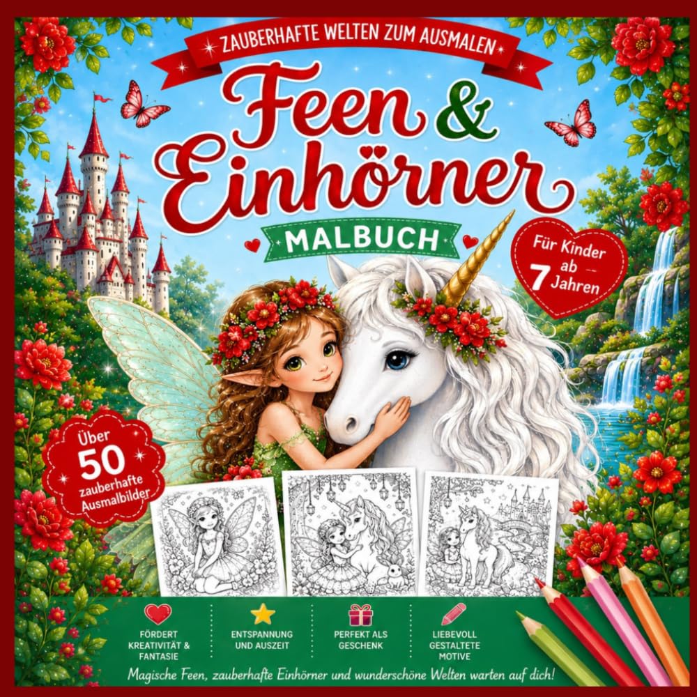 Zauberhafte Welten zum Ausmalen Feen und Einhörner Malbuch für Kinder ab 7 Jahren, 50 Motive für kreative Entspannung und Förderung der Konzentration