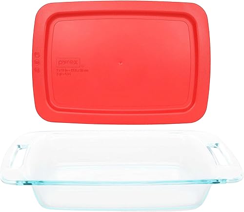 Pyrex 1 plat de cuisson en verre C-232 de 2 l et 1 couvercle rouge facile à sais