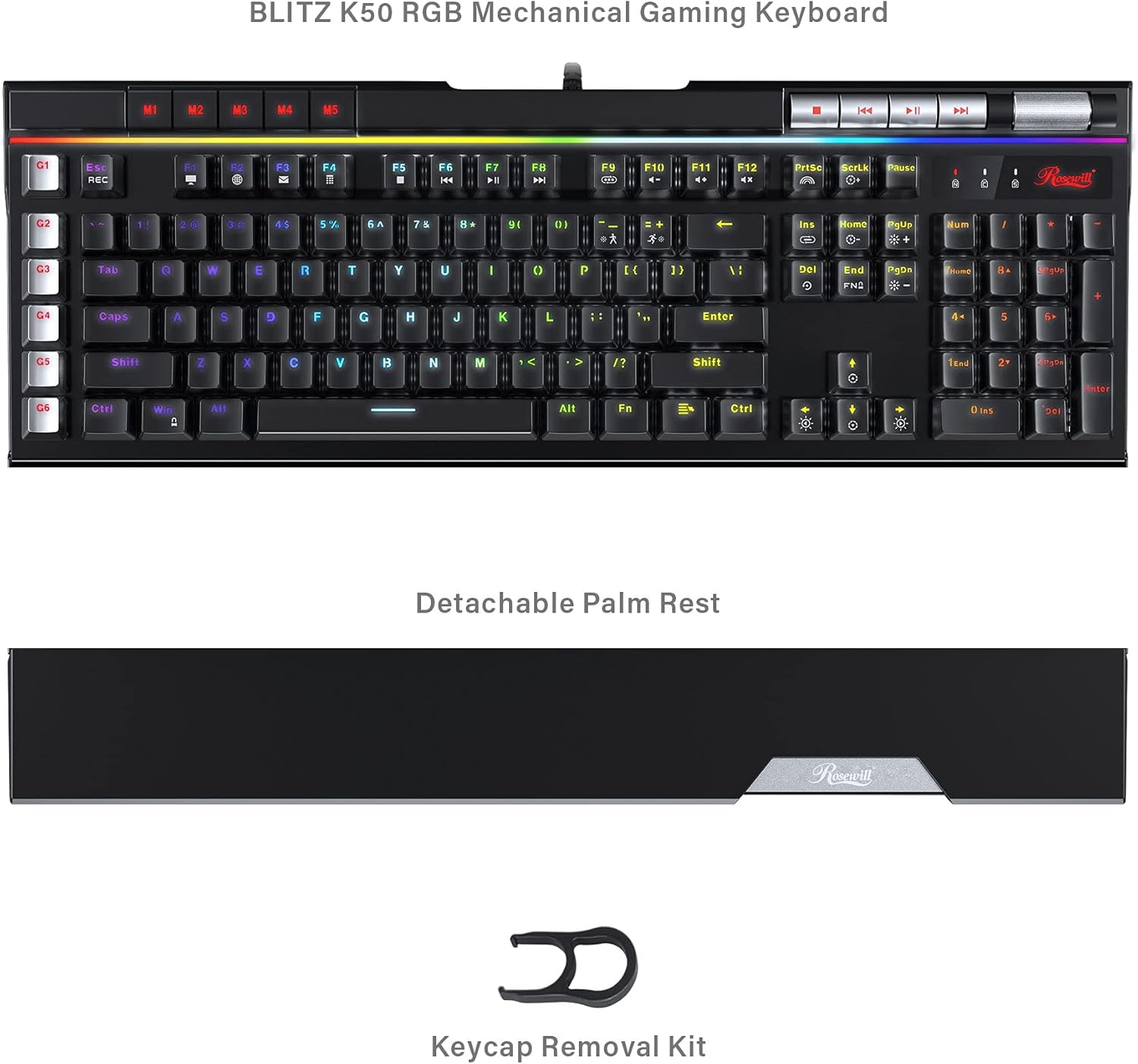 Rosewill BLITZ K50 RGB BR Keyboard with detachable palm rest and keycap removal kit