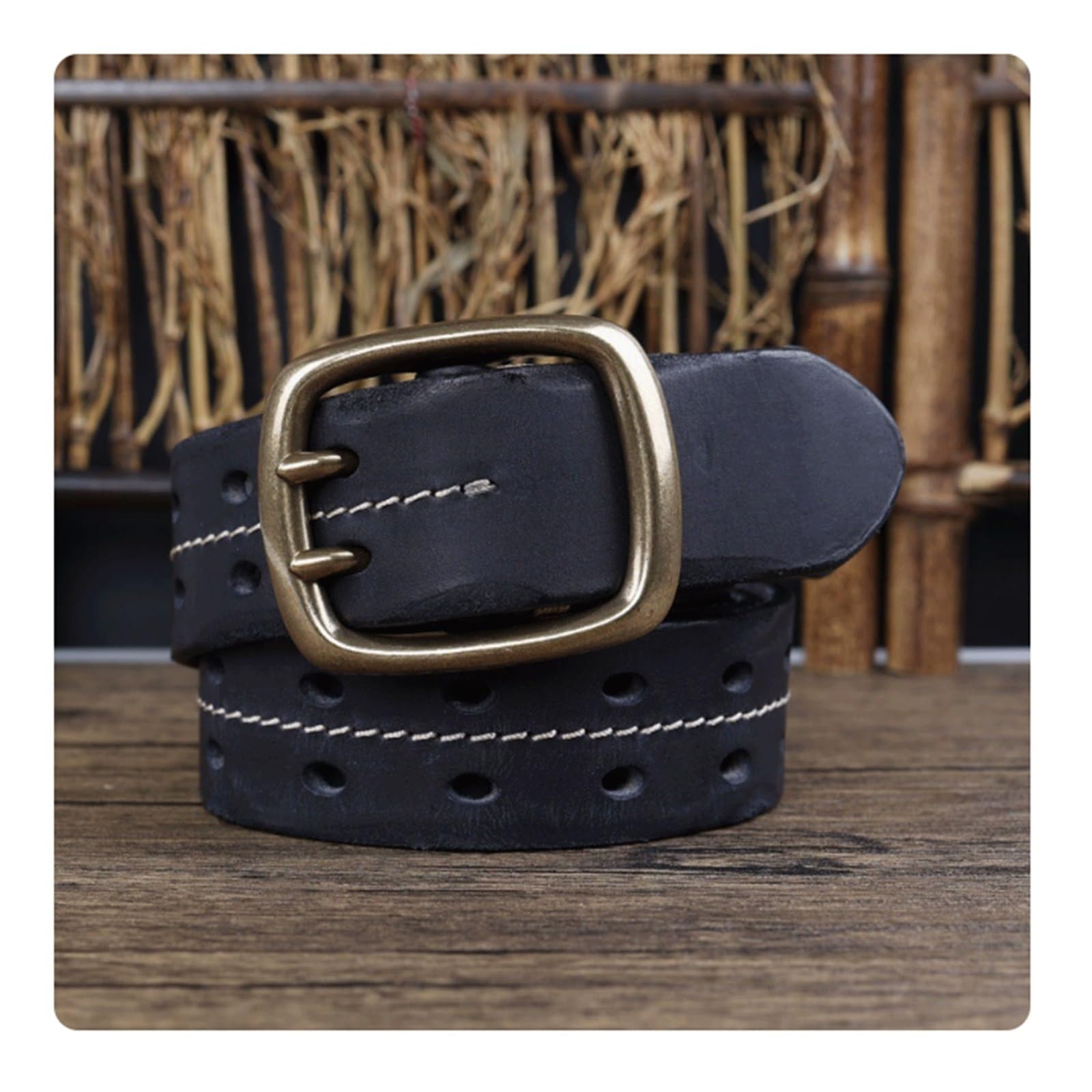 Krxsobnv Men's Black Leather Belt, Thickened Edge Pressed Belts With Copper Pin Buckle Classic Belt (,120Cm)