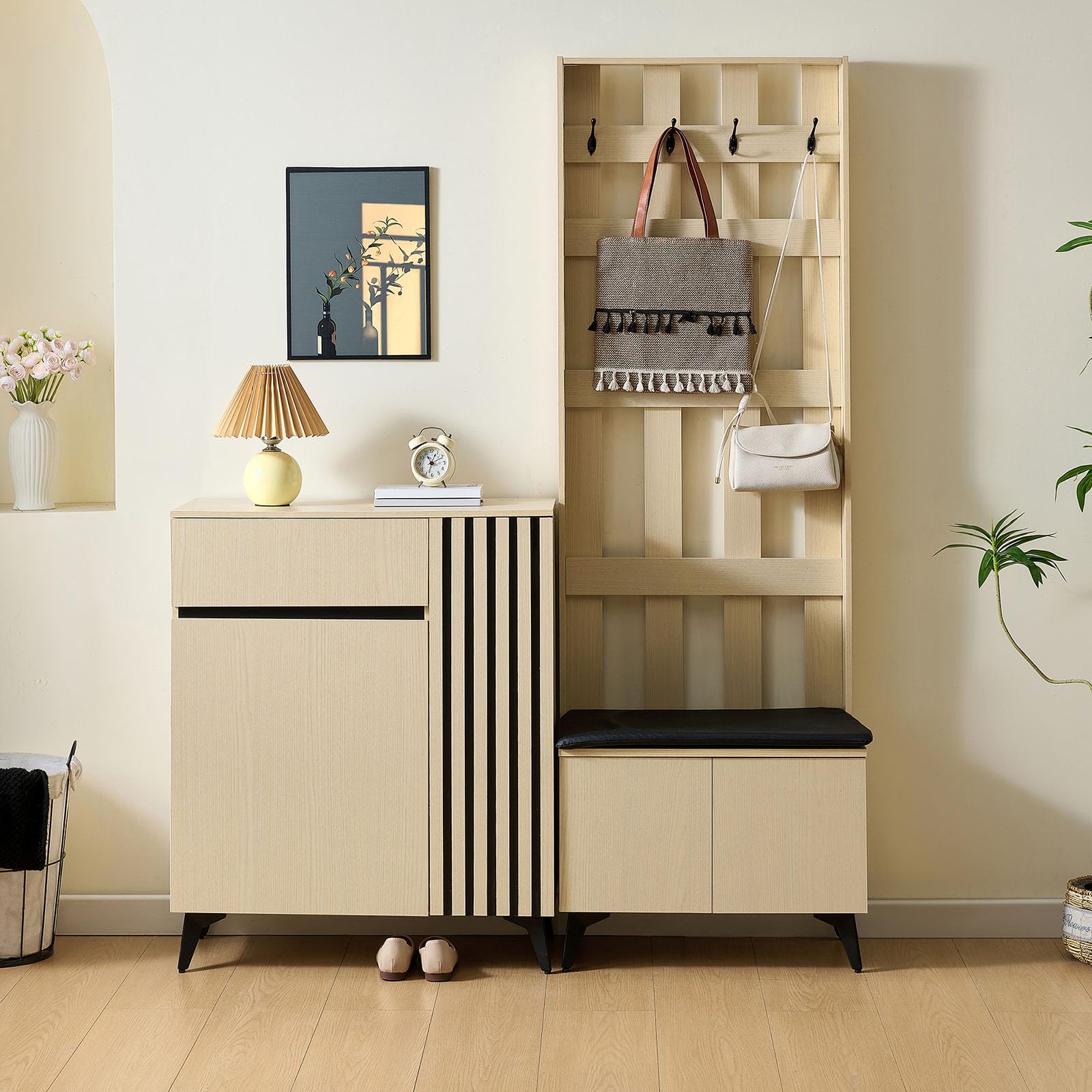 DHHU Mobile ingresso 2 pezzi, armadio con panchina e appendiabiti, credenza scarpe, legno chiaro MDF, 4 ganci, cassetto, ripiani regolabili, design scandinavo, ingresso, soggiorno, camera da letto