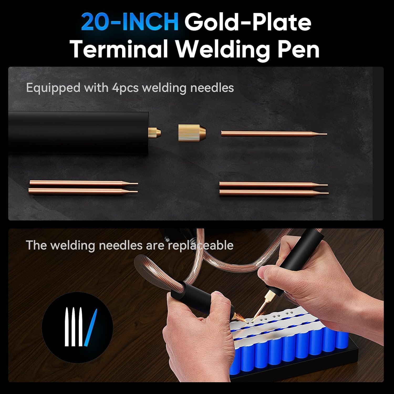Diagram showing the components of the welding pen and replaceable needles