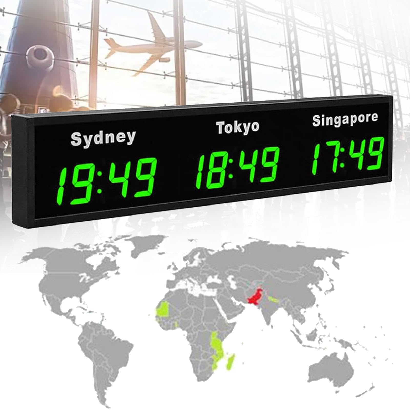 Orologio Mondiale Digitale a LED, Fuso orario 3/4/5 Città Orologio Mondiale con Fuso orario Città da Parete, Materiale in Lega di Alluminio per casa, Hotel, Ufficio, aeroporti,Green-3City
