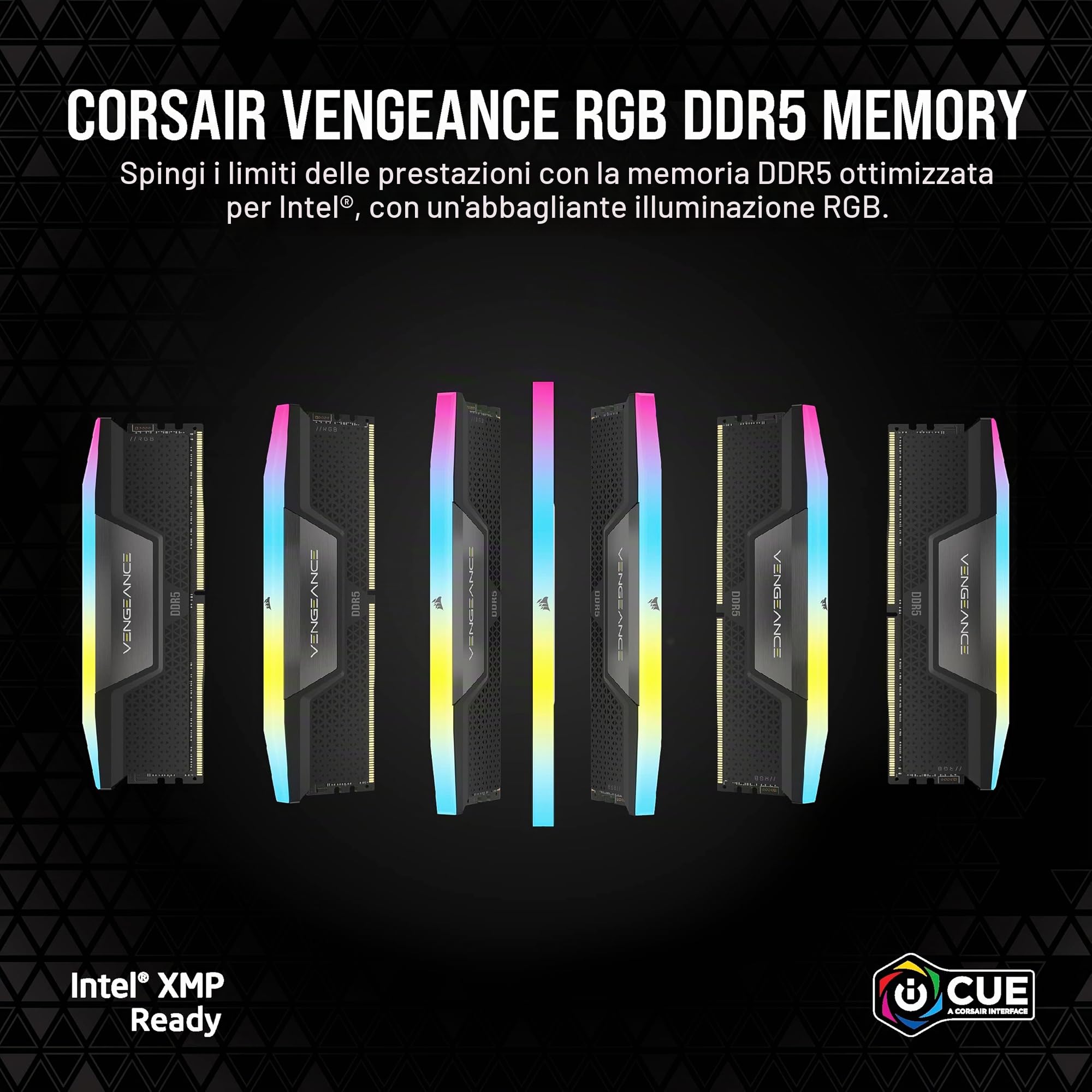 CORSAIR VENGEANCE RGB DDR5 RAM 64GB (4x16GB) 6200MHz CL32 Intel XMP Compatibile iCUE Memoria per Computer - Nero (CMH64GX5M4B6200C32)
