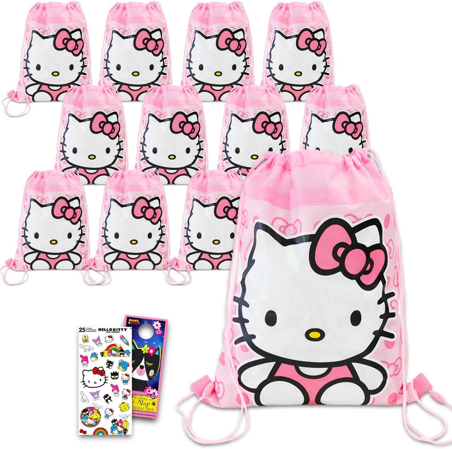 Hello Kitty Party Favor Bags Set - Bundle with 12 Hello Kitty Drawstring Bags for Kids and Stickers | Sanrio Birthday Party Supplies