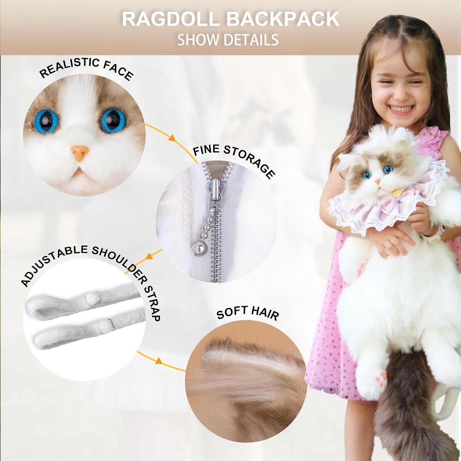 Chongker Stuffed Realistic Cat Plush Backpack, Cute and Soft Cat Shaped Backpack with Detachable Straps, Enough Room to Hold Keys, Wallet, Cell Phone, Ideal Gift for Girls, Ragdoll