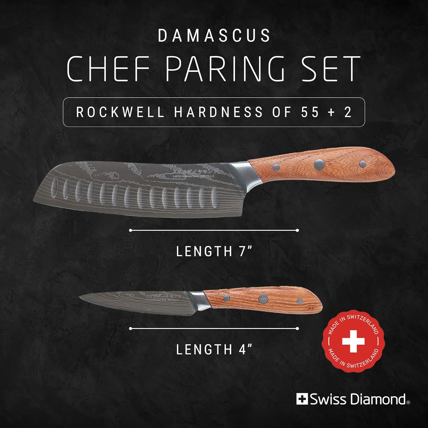 Swiss Diamond Santoku & Paring Knife, German Steel with Carbonized Ash Wood, Full Tang Handle, Damascus Blade Chef Knives Professional Grade, 55+2 Rockwell Hardness, 7 & 4.5 Inch
