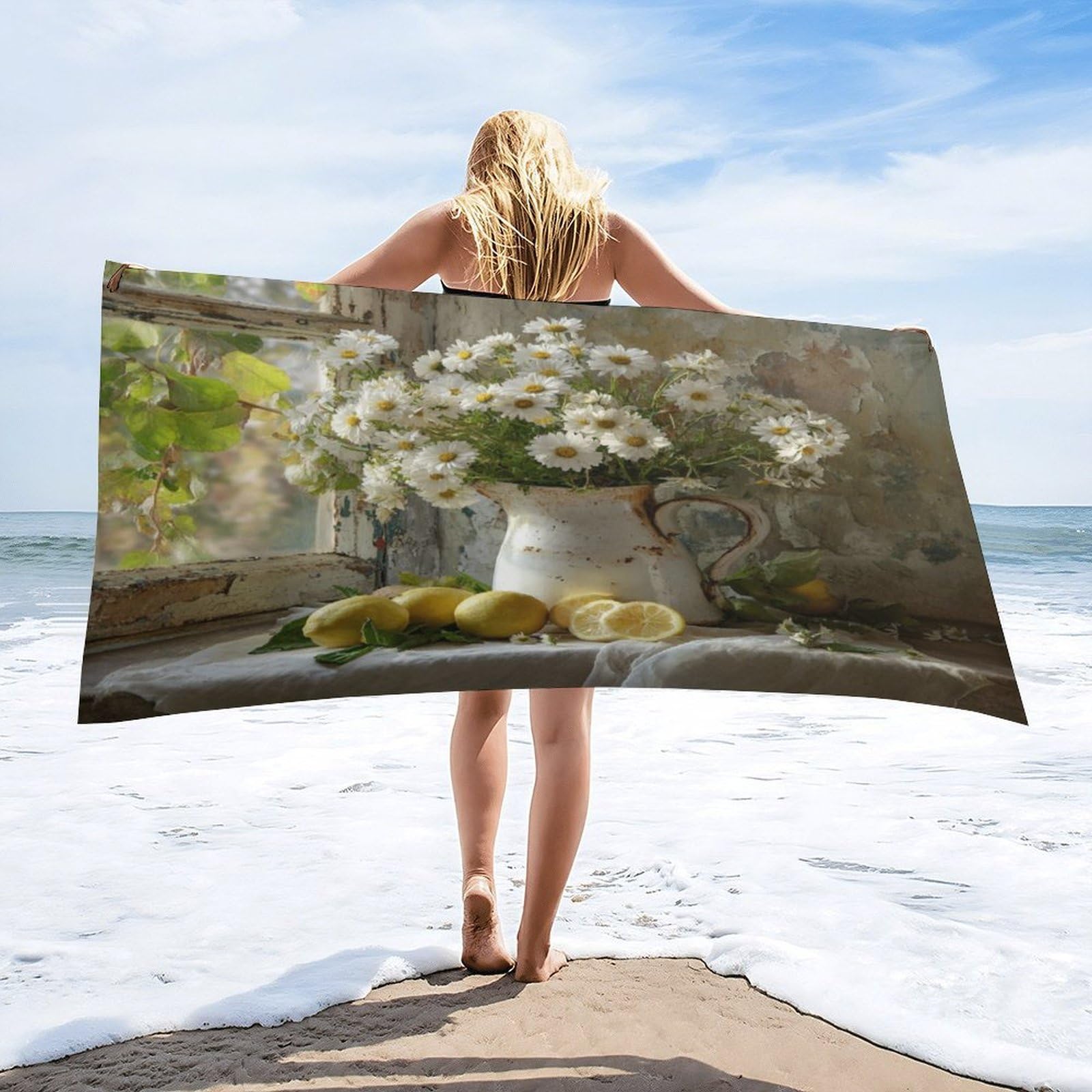 Luyysky Retro Vintage Fruit Lemon Quick-Drying Beach Towel, Rustic Mid Century Spring Window Landscape Plant Daisies Floral Travel Vacation Single Sided Pile Bathroom Towels-80 W Cm X 160" L Cm