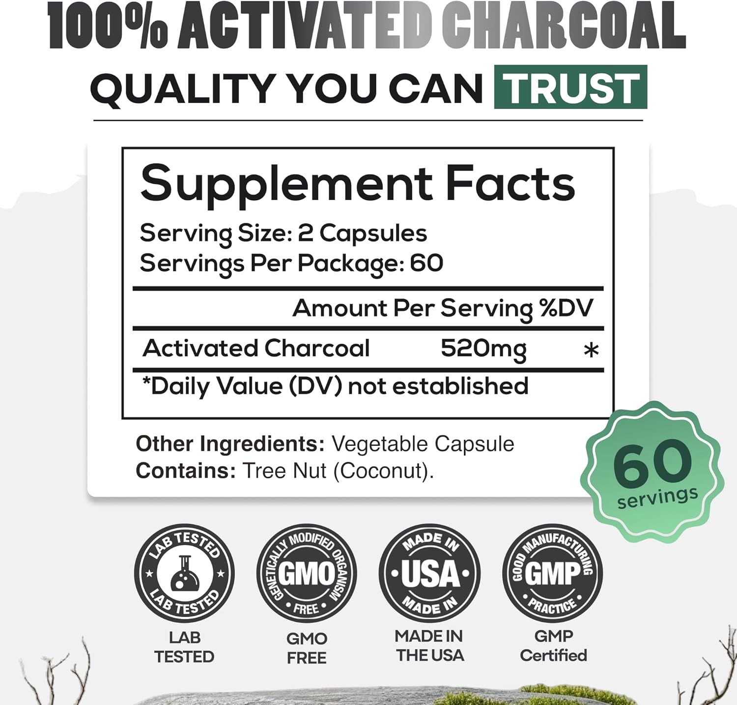 Wild Foods Activated Charcoal Capsules | 100% Organic Coconut Shells Active Tablets | Lab Tested & Non-GMO Pills | Made in USA (120 Capsules)