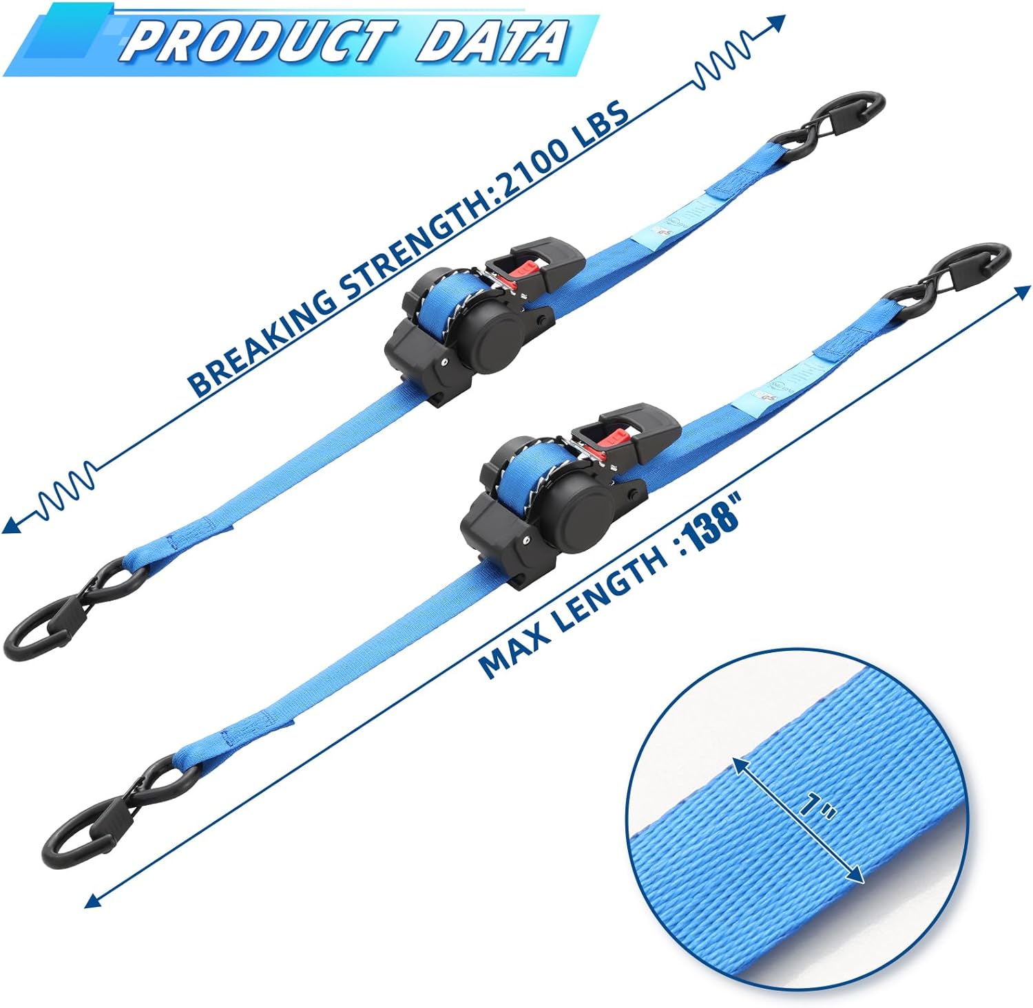 ANLULOAD Retractable Ratchet Strap,Retractable Tie Down Strap for Motorcycles, Boats,Atvs,Utvs. (1In*9.8Ft) Blue