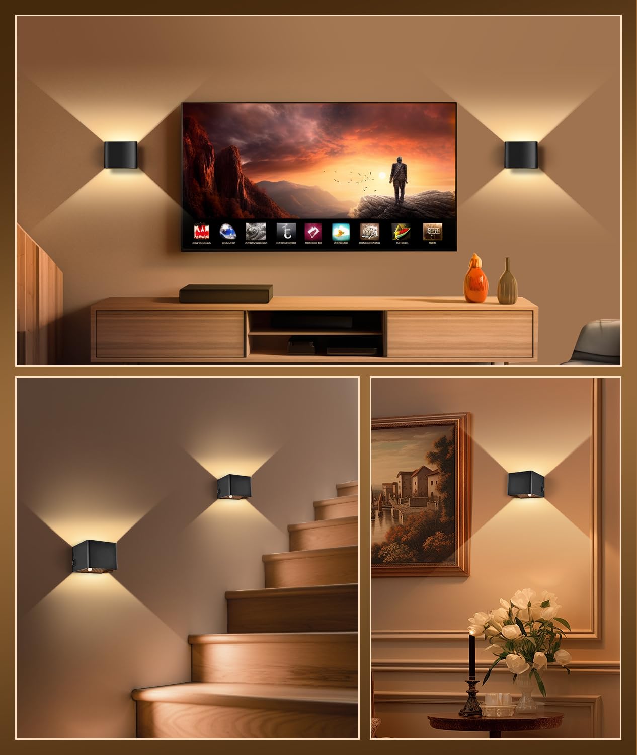 GeyouLux 2 lampade da parete a batteria da 6000 mAh, con sensore di movimento, interno da 5 W, ricaricabili, per interni, senza collegamento di alimentazione, con 3 modalità, 3000 K, batteria interna