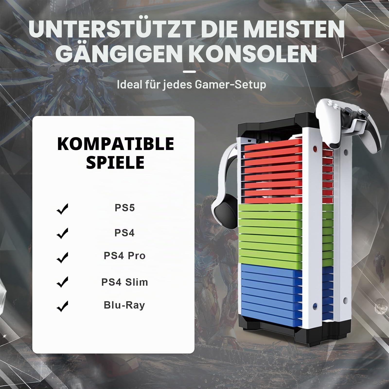 Spiele Storage Tower für PS5, Videospiel Storage Tower Game Holder Rack für PS5/PS4/PS3/Xbox Spiele mit 2 Hooks für Headset und Controller