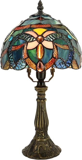 Tiffany Table Lamp Stained Glass Bedside Accent Light 8X8X14.5 inch | Blue Baroque Style Stained Glass Memory Sympathy Light Push Button Switch Vintage Resin Base Decor For Bedroom Living Room