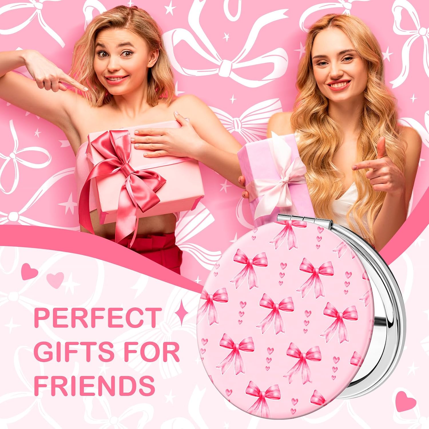 Weysat 9 Pcs Pink Bow Compact Mirrors, Double Sided Magnifying Round