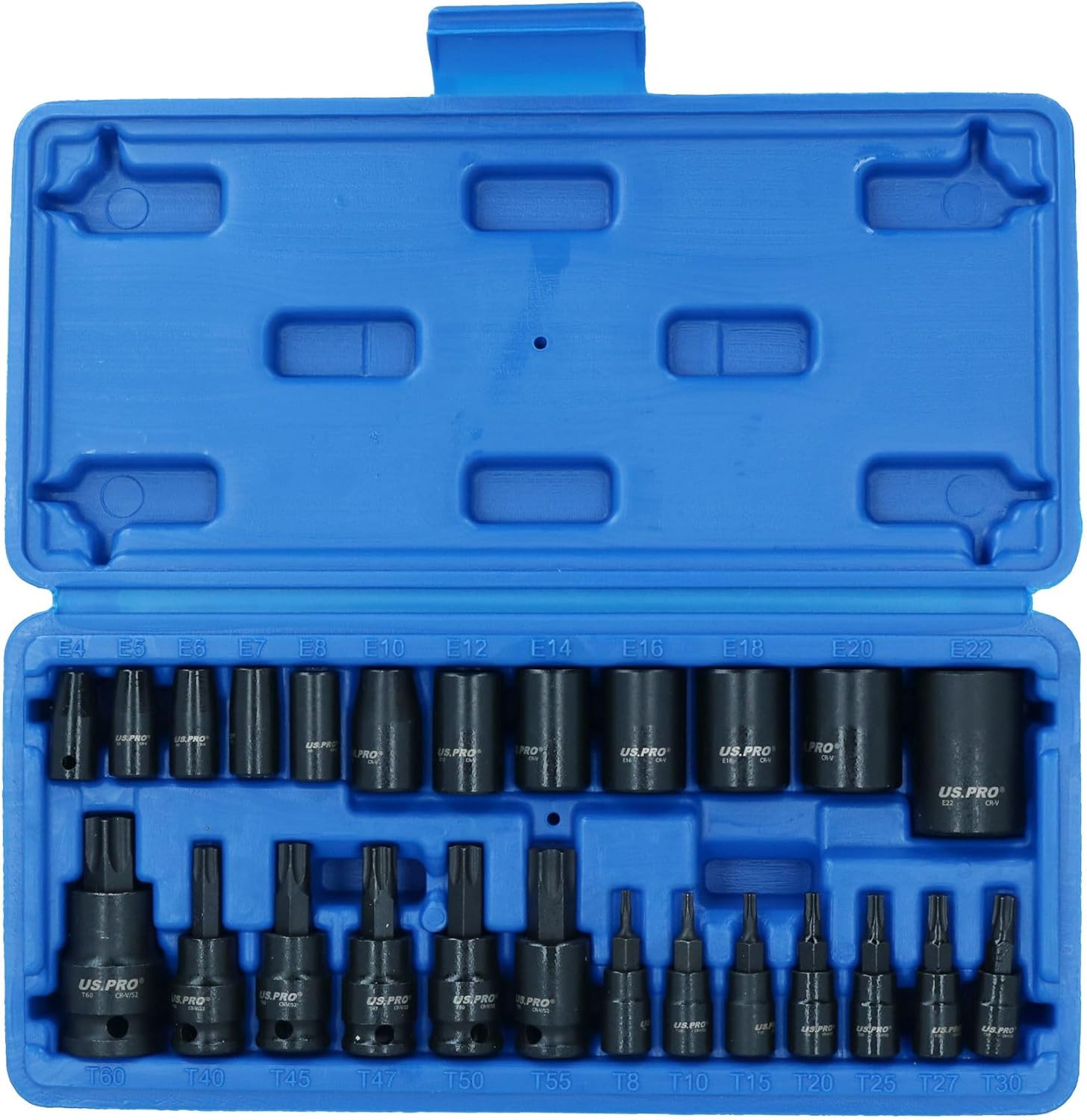 25pc Male + Female Impacted Impact Torx Star E Sockets T8 – T60 + E4 – E22