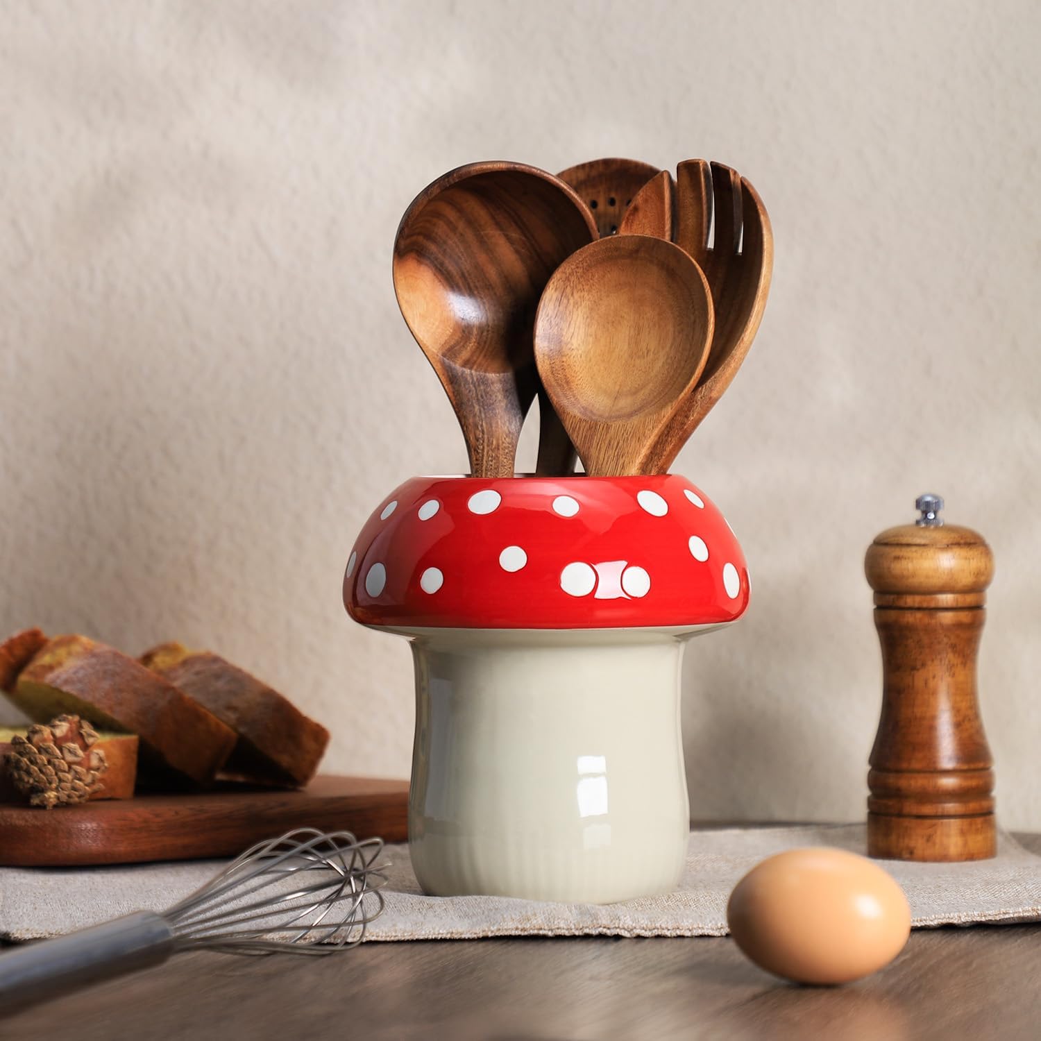 Mushroom Shaped Ceramic Kitchen Utensil Holder, Large Cooking Utensil Crocks for Kitchen Countertop, Ceramic Utensil Organizer for Spatula, Kitchen, Home Decoration-Red