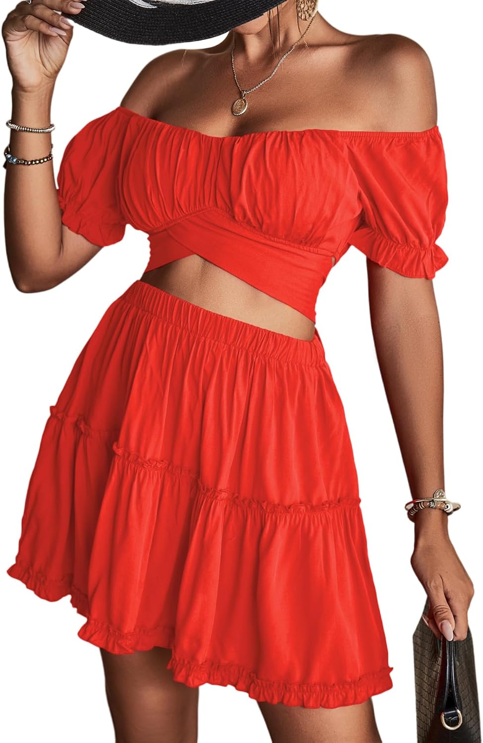 LYANER Women's 2 Piece Outfits Off Shoulder Tie Up Back Crop Top and Mini Skirt Set Solid Red X-Small - Image 6