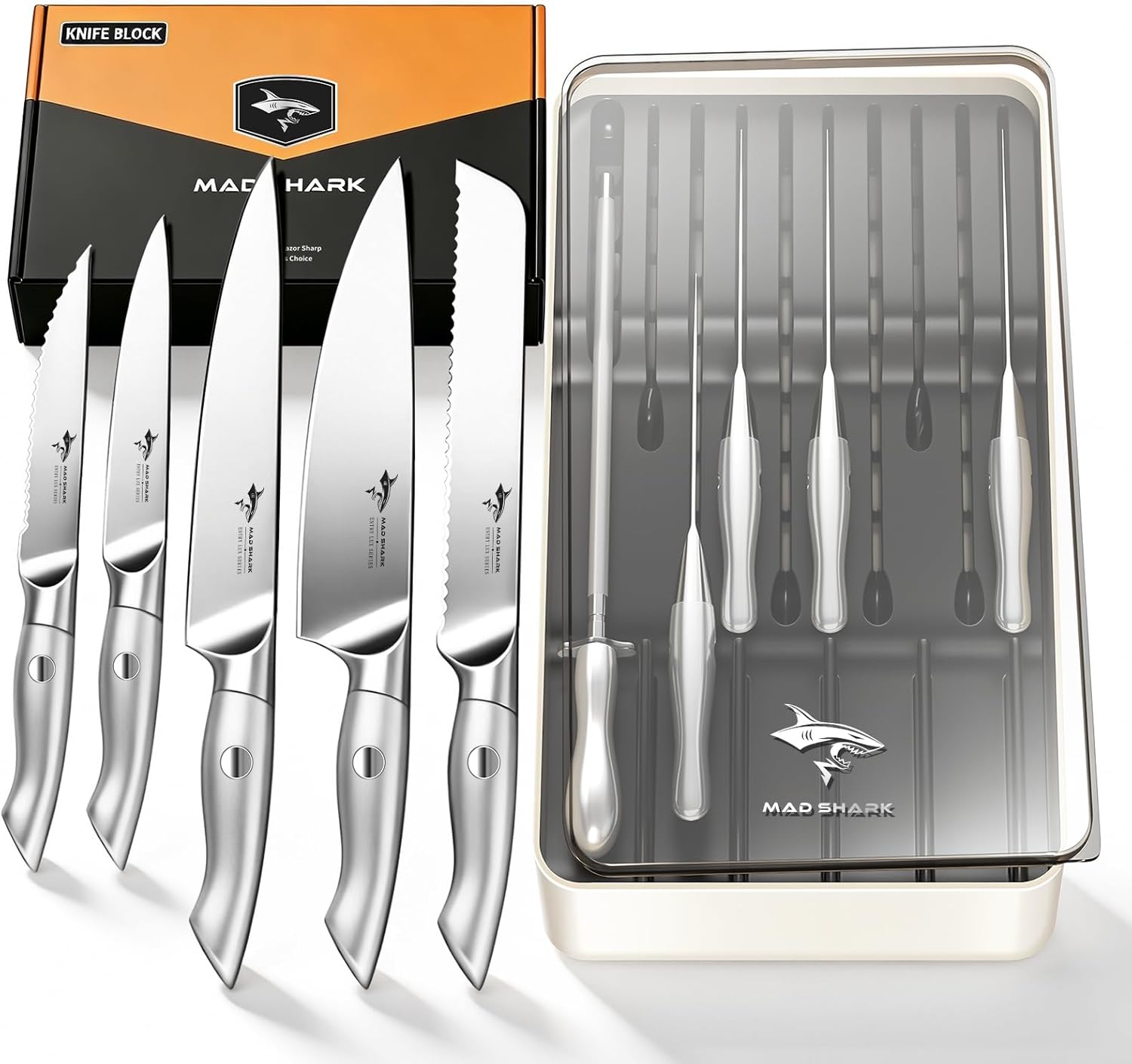 MAD SHARK Knife Sets, 11 Pieces Kitchen Knife Set with Block, High Carbon Stainless Steel Knives with Sharpener Rod, Non Slip Ergonomic Handle, Quality Drawer Organizer, Gift Box Packaging