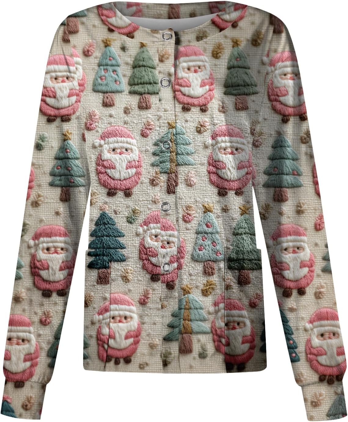 Scrubs for Women Christmas Scrub Jacket Santa Claus Snowflakes Print Long Sleeve Button Up Plus Size Nurse Jackets
