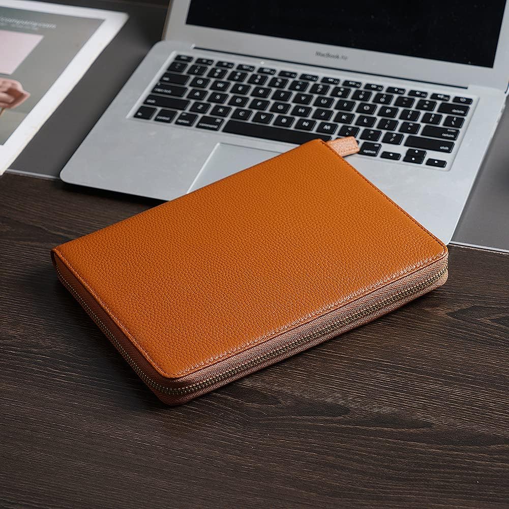 Moterm Zippered Leather Cover for A5-Notebooks - Fits Hobonichi Cousin, Stalogy and Midori MD Planners (Pebbled-Burnt Orange)