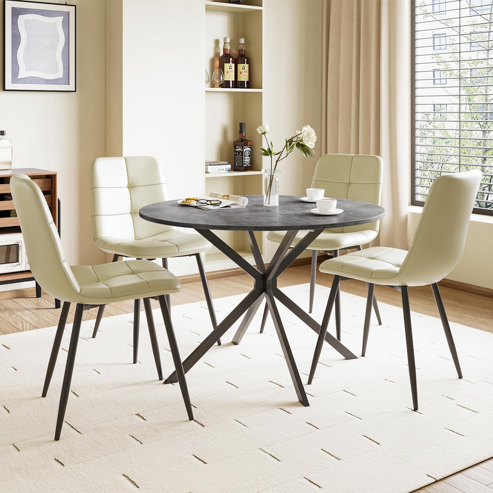 Luxstein Round Dining Table and Chairs Set 4, 100cm Concrete Effect Folding Table with 4 Beige Upholstered PU Leather Chairs for Dining Room, Kitchen โ image 1