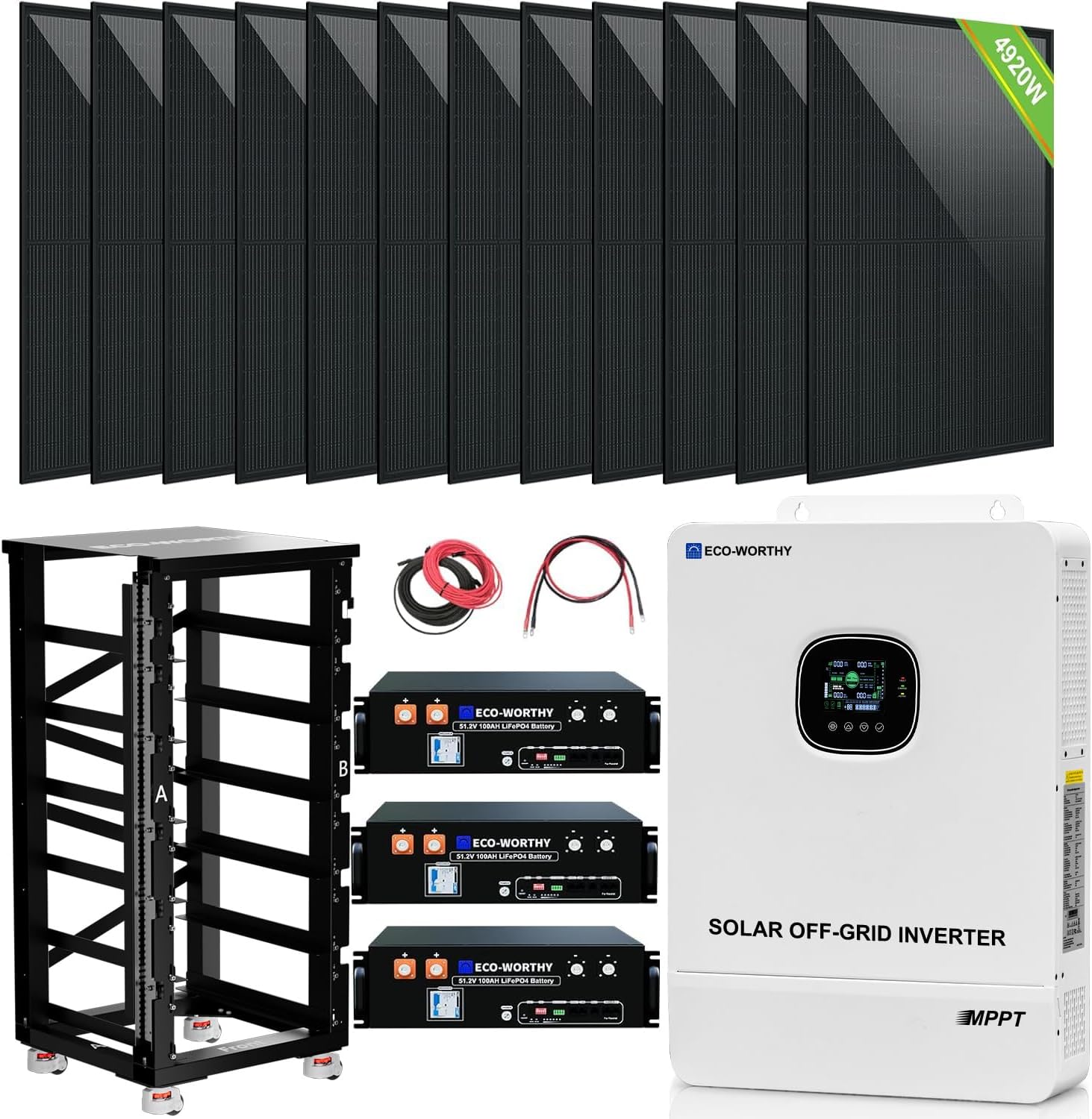 ECO-WORTHY Home Off-Grid Solar Power System: 10KW 120V/240V Output+ 15.36kWh UL1973&UL9540A Certified Lithium Battery (3 * 48V100Ah)+ 4920W Solar Panel (12 * 410W)，Complete Off-Grid Solar Kit