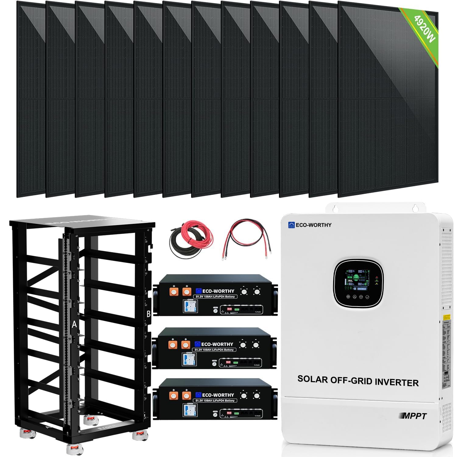 ECO-WORTHY Home Off-Grid Solar Power System: 10KW 120V/240V Output+ 15.36kWh UL1973&UL9540A Certified Lithium Battery (3 * 48V100Ah)+ 4920W Solar Panel (12 * 410W)，Complete Off-Grid Solar Kit