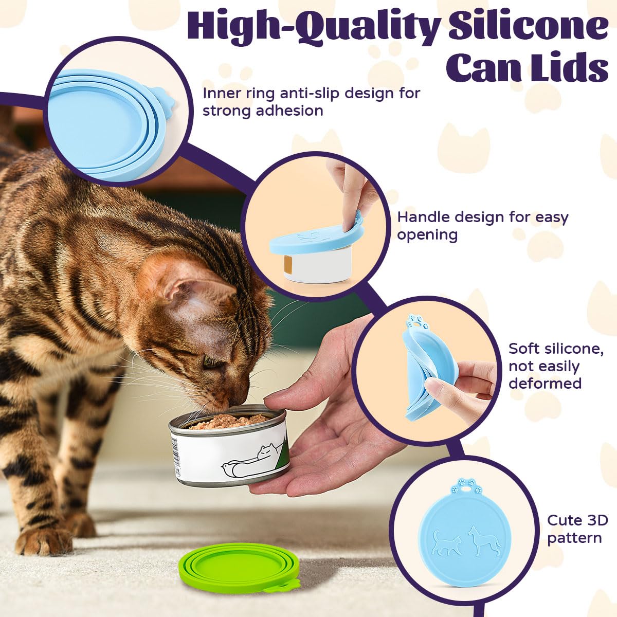 Lot De 6 Couvercles De Boîte De Nourriture pour Chat avec 6 Cuillères en Silicone 70g 85 G 200 G 400 G Couvercles pour Boîtes De Conserve, Couvercles pour Boîtes Alimentaires